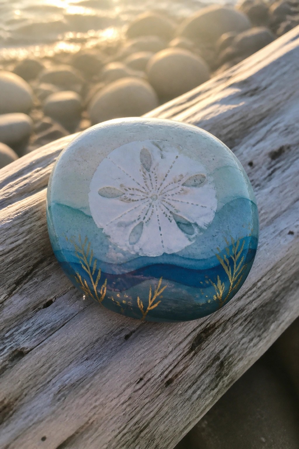 A round painted stone showing a white sand dollar and blue wave bands sits on driftwood near the water.