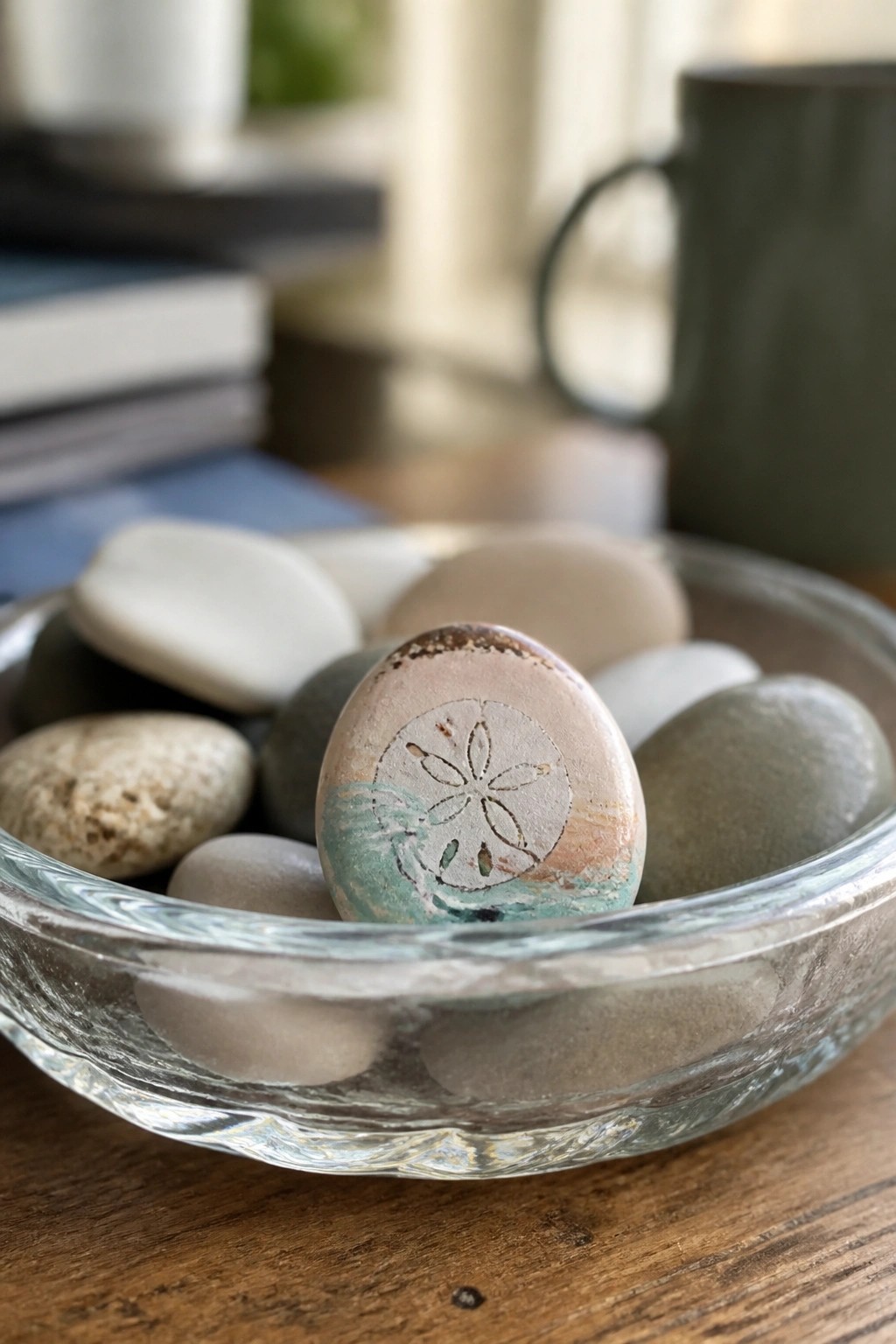 A smooth oval rock painted with a sand dollar and waves sits among other unpainted stones in a glass bowl.