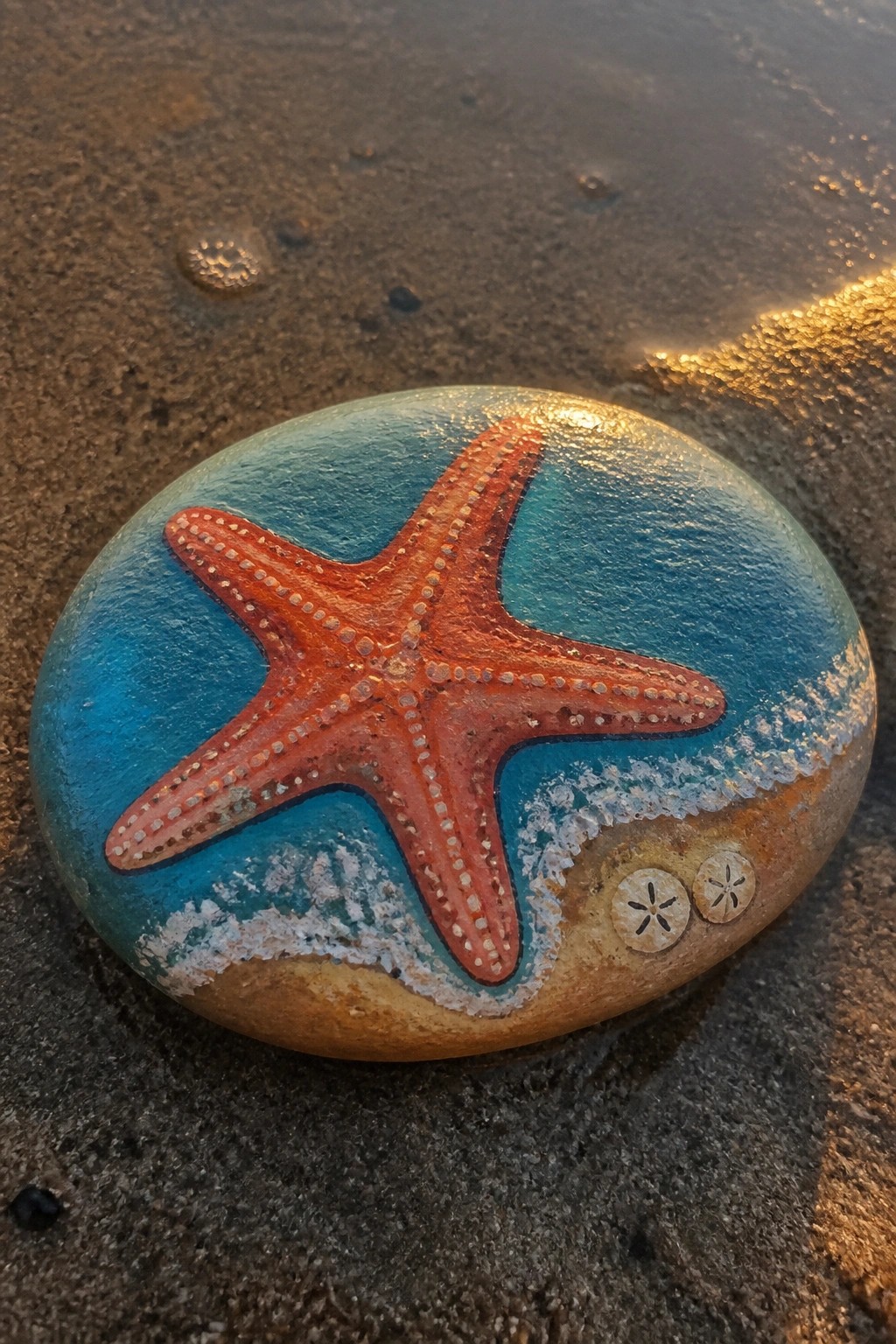 Painted rock with orange starfish on turquoise waves beside two sand dollars