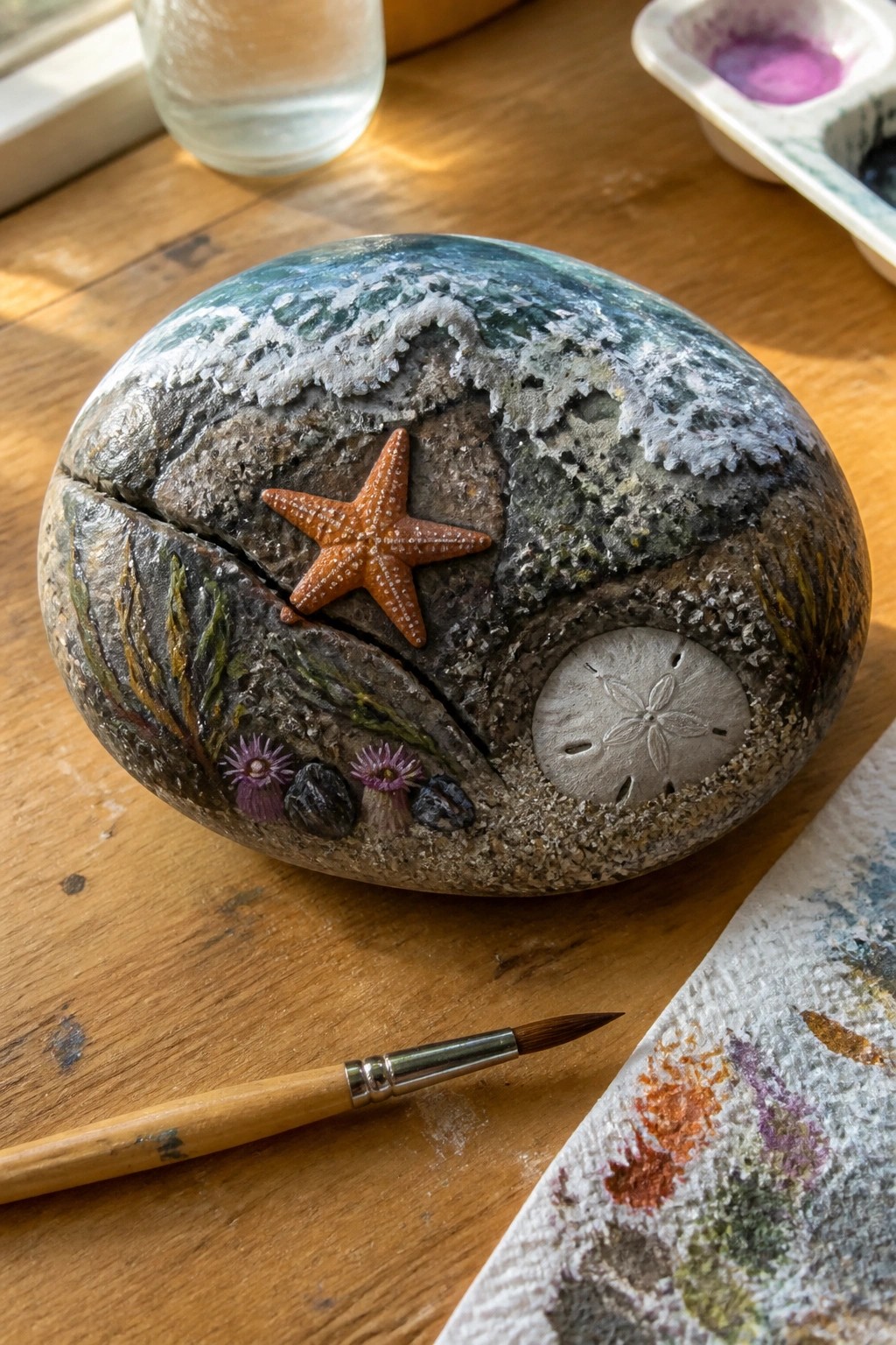 Painted rock with orange starfish, sand dollar, waves, and seaweed beside paintbrush.