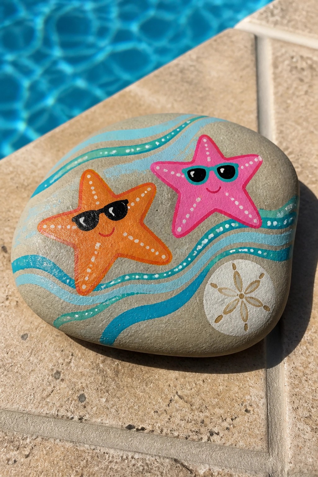 Painted rock with orange and pink starfish wearing sunglasses amid blue waves.