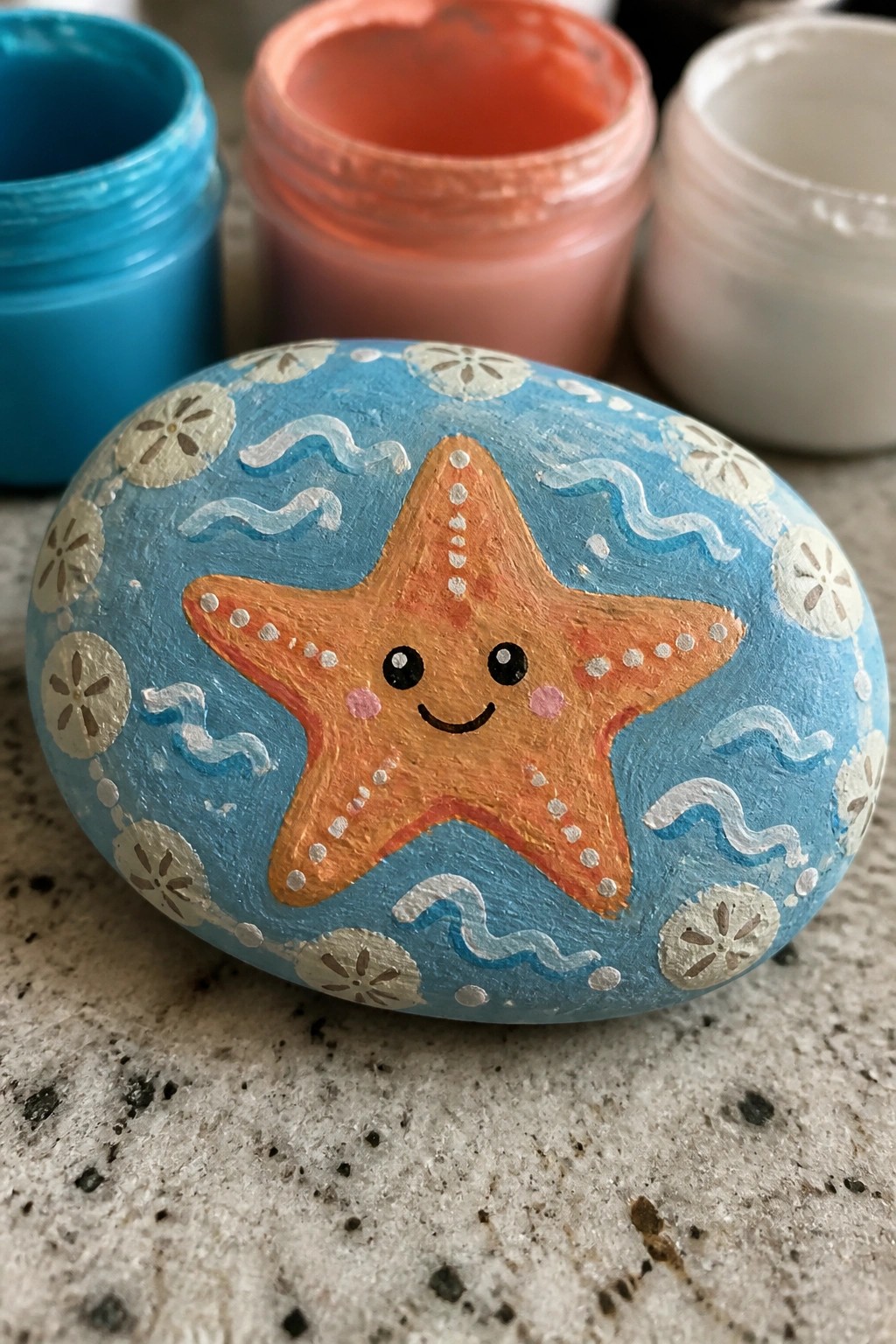 Painted blue rock with smiling orange starfish, sand dollars, waves, and paint jars behind.