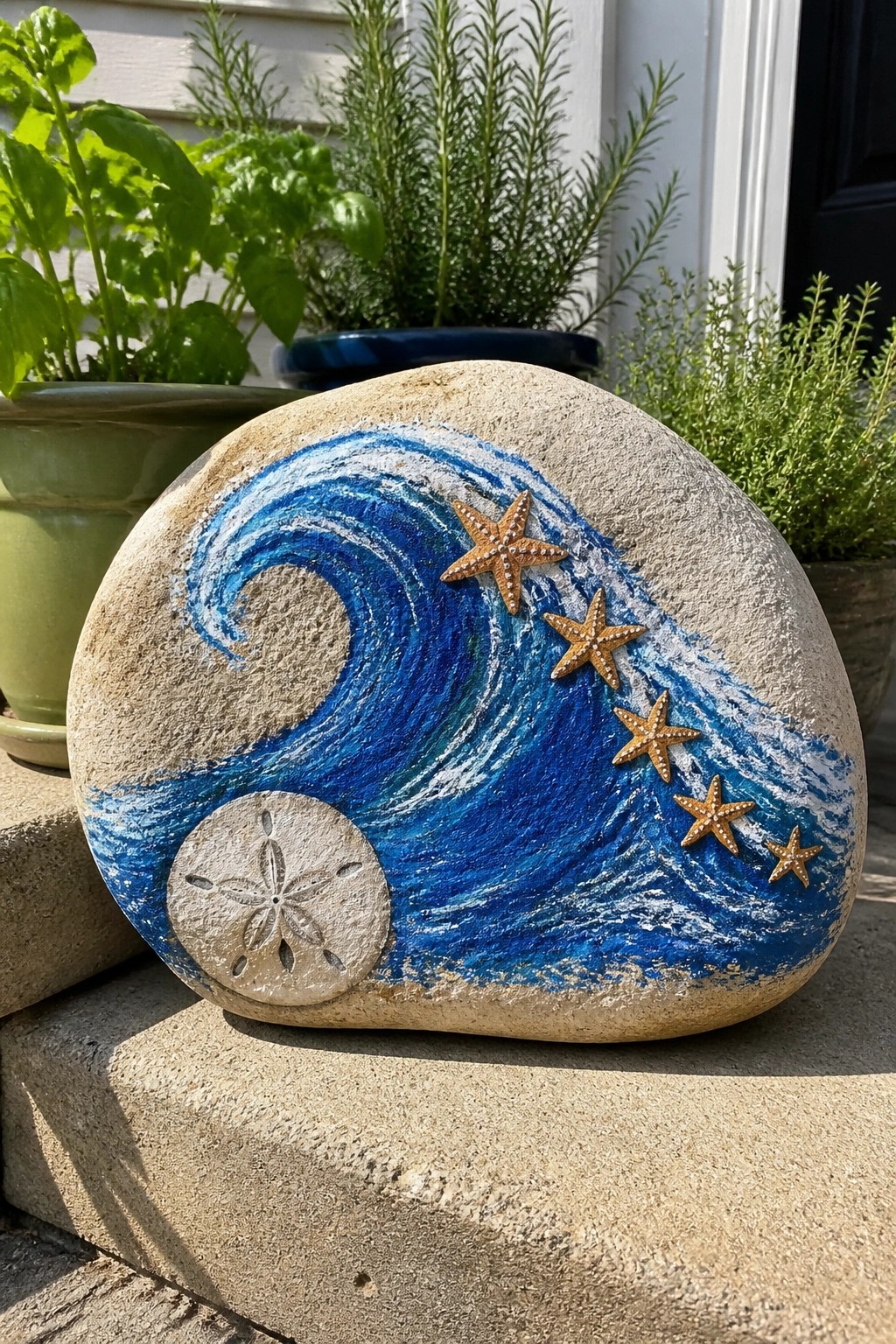 Painted stone with blue wave, golden starfish, and sand dollar amid potted plants