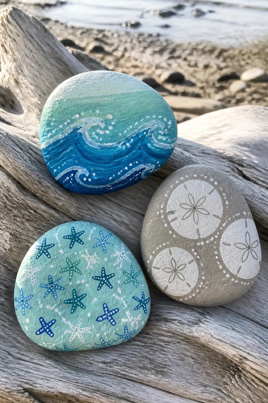 Three painted rocks on driftwood: waves, starfish, sand dollar designs at beach