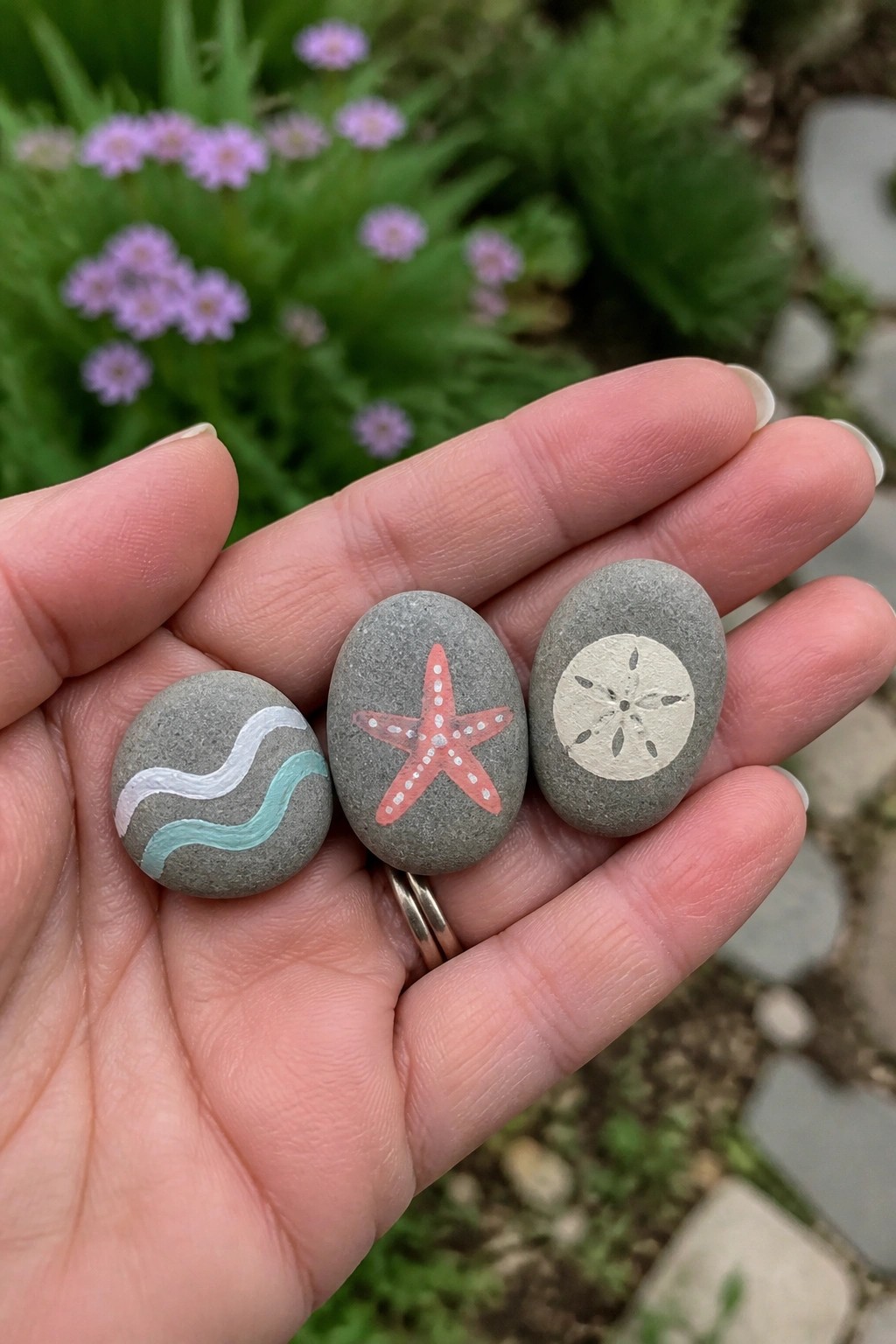 Hand holding three gray rocks painted with starfish, sand dollar, and waves