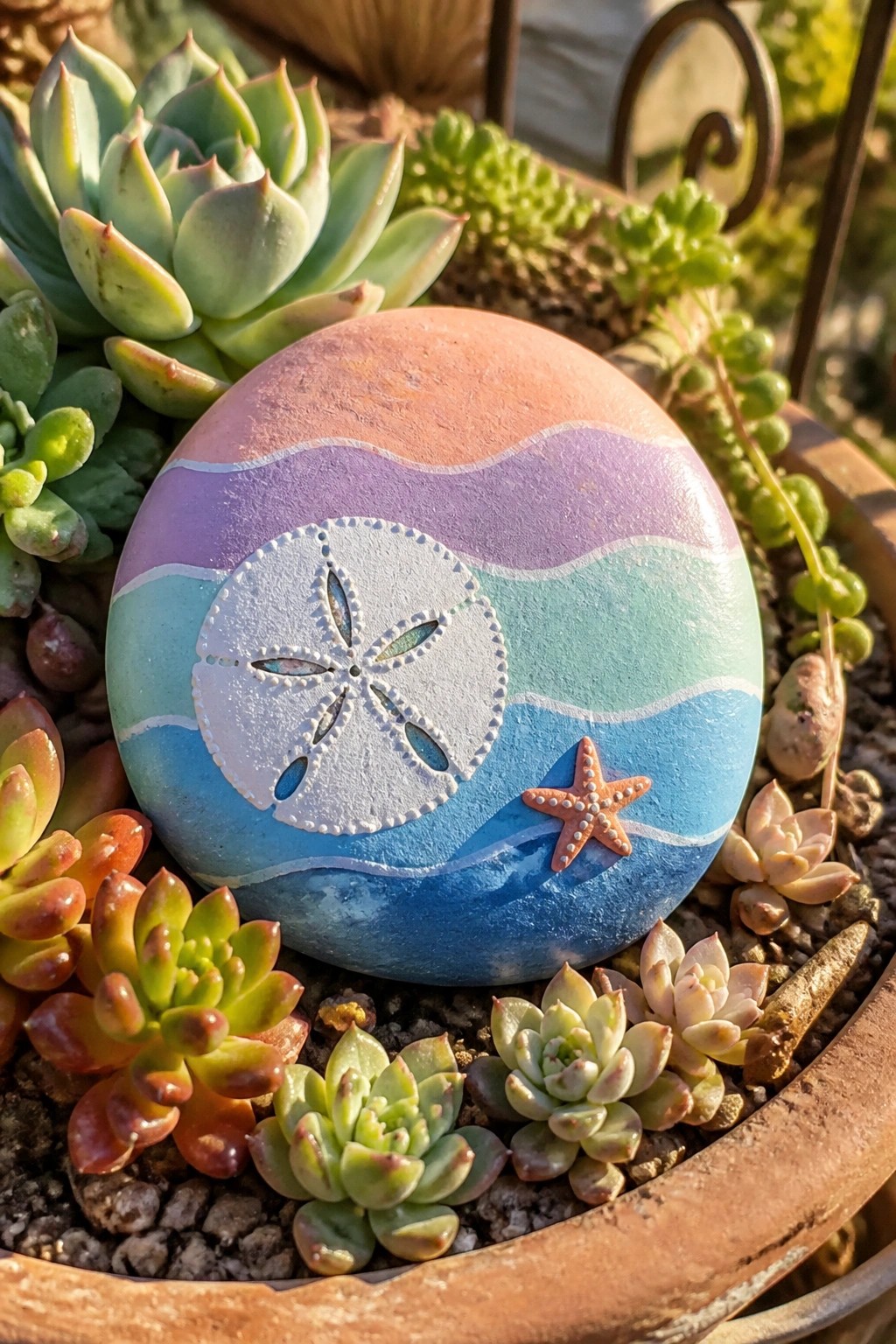 Painted rock with sand dollar and starfish amid colorful succulents in a pot.