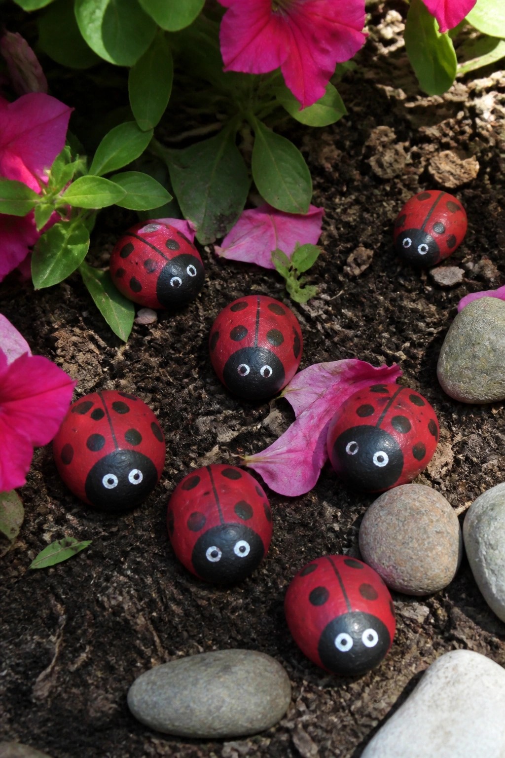 Ladybug rocks on soil amid pink flowers, leaves, and pebbles