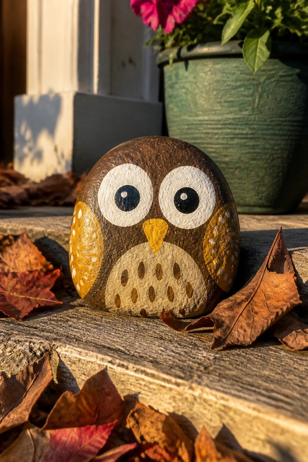 A brown painted rock owl with large white eyes and yellow accents sits on stone steps surrounded by autumn leaves.