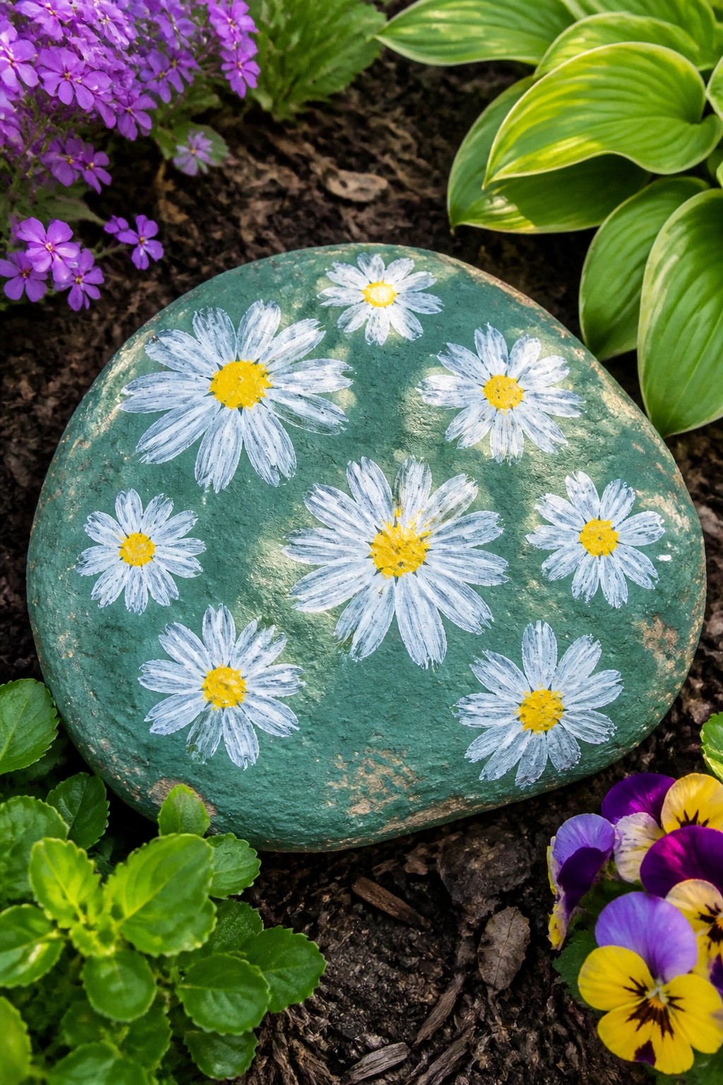 Green rock painted with white daisies and yellow centers amid garden flowers