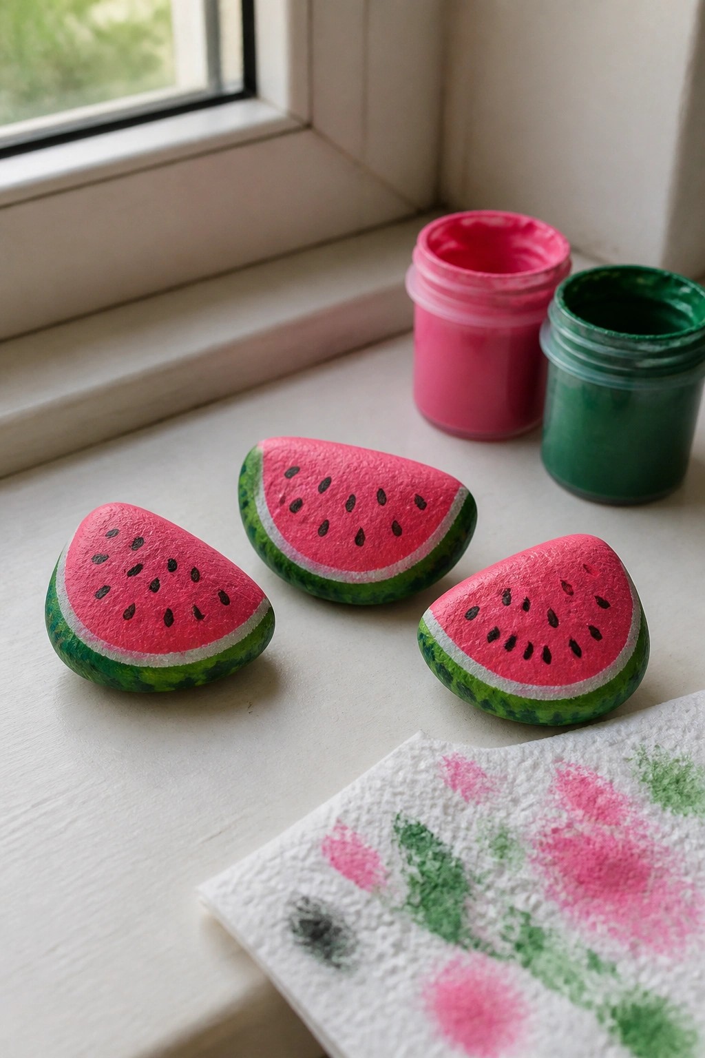 Three small rocks painted as watermelon slices sit on a white windowsill beside open pink and green paint jars and a paint-stained paper towel.