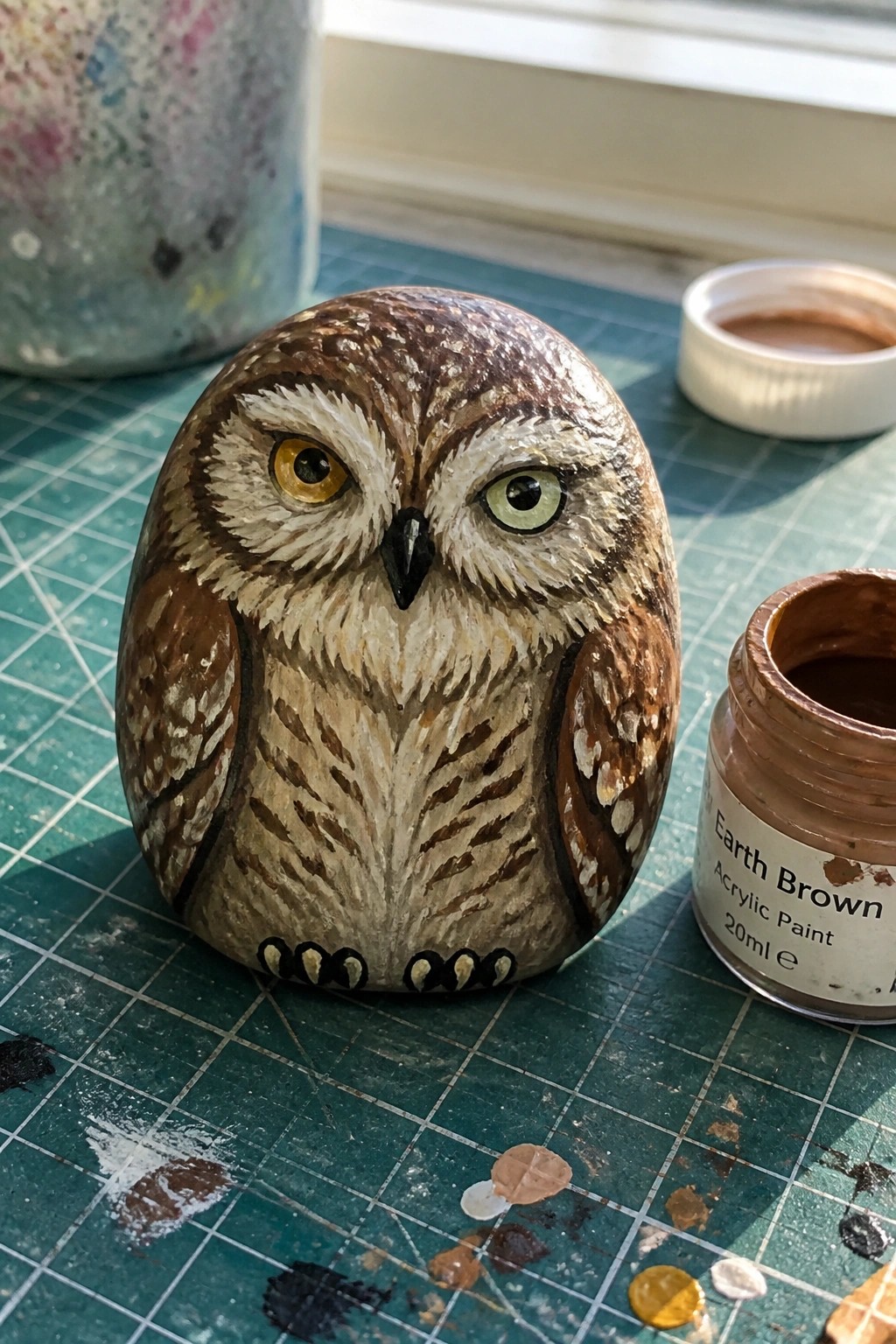 Detailed brown owl painted on rock beside open earth brown acrylic paint jar