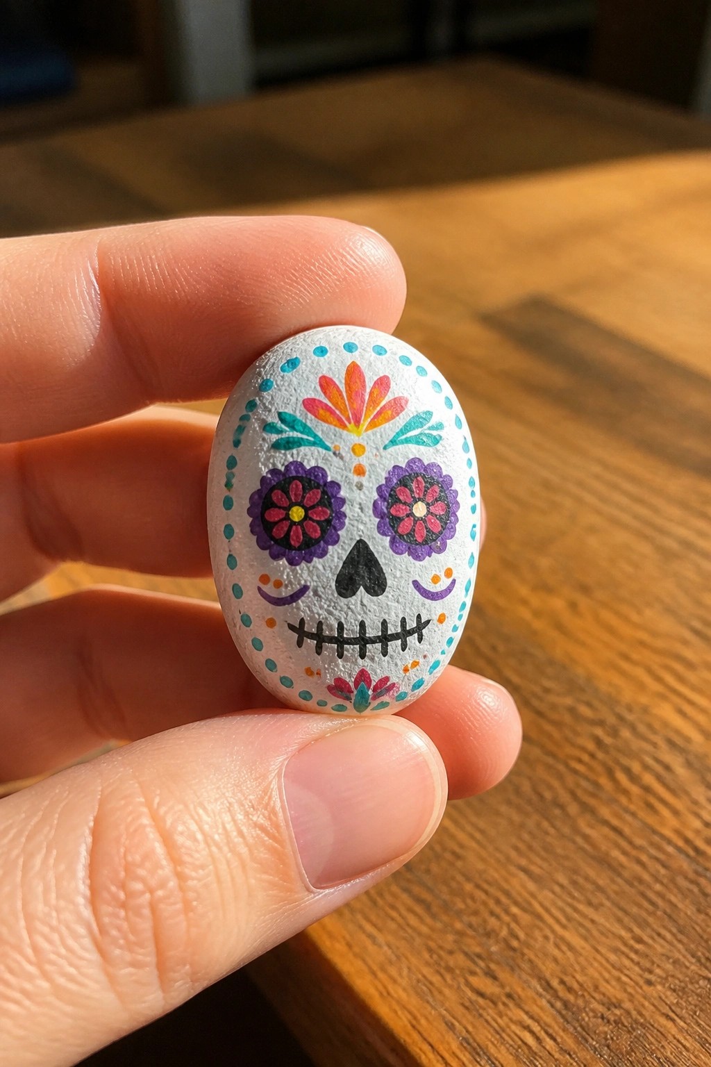 Hand holding colorful painted sugar skull stone with floral designs on wood