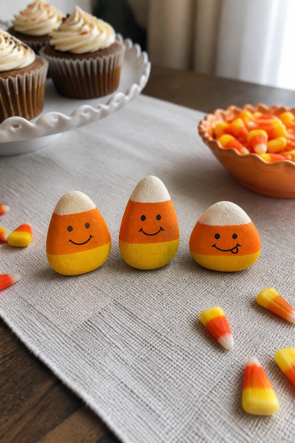 Three smiling candy corn painted rocks on linen with scattered candies and cupcakes.