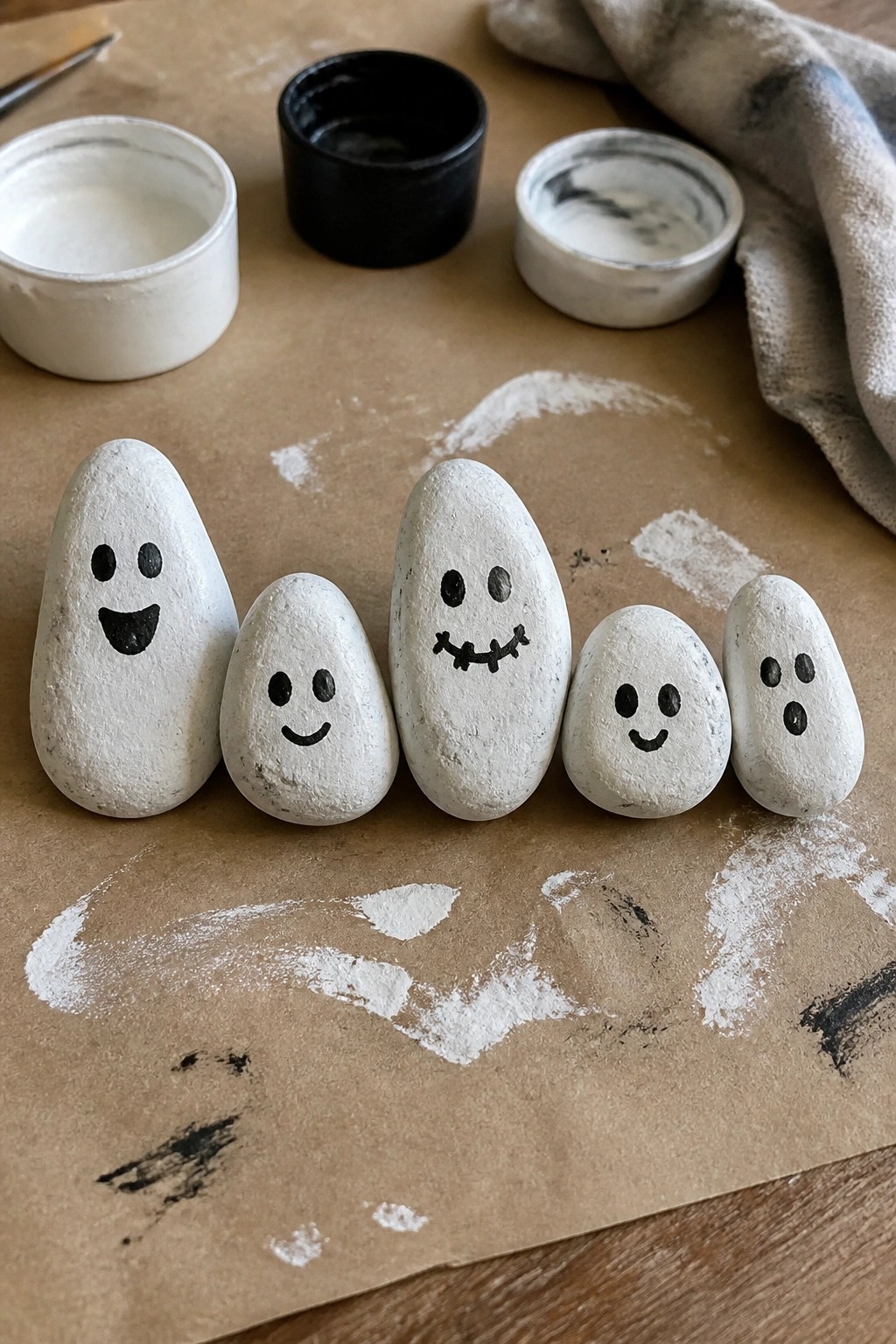 Five ghost rocks with painted faces on paint-splattered brown paper beside paint pots.