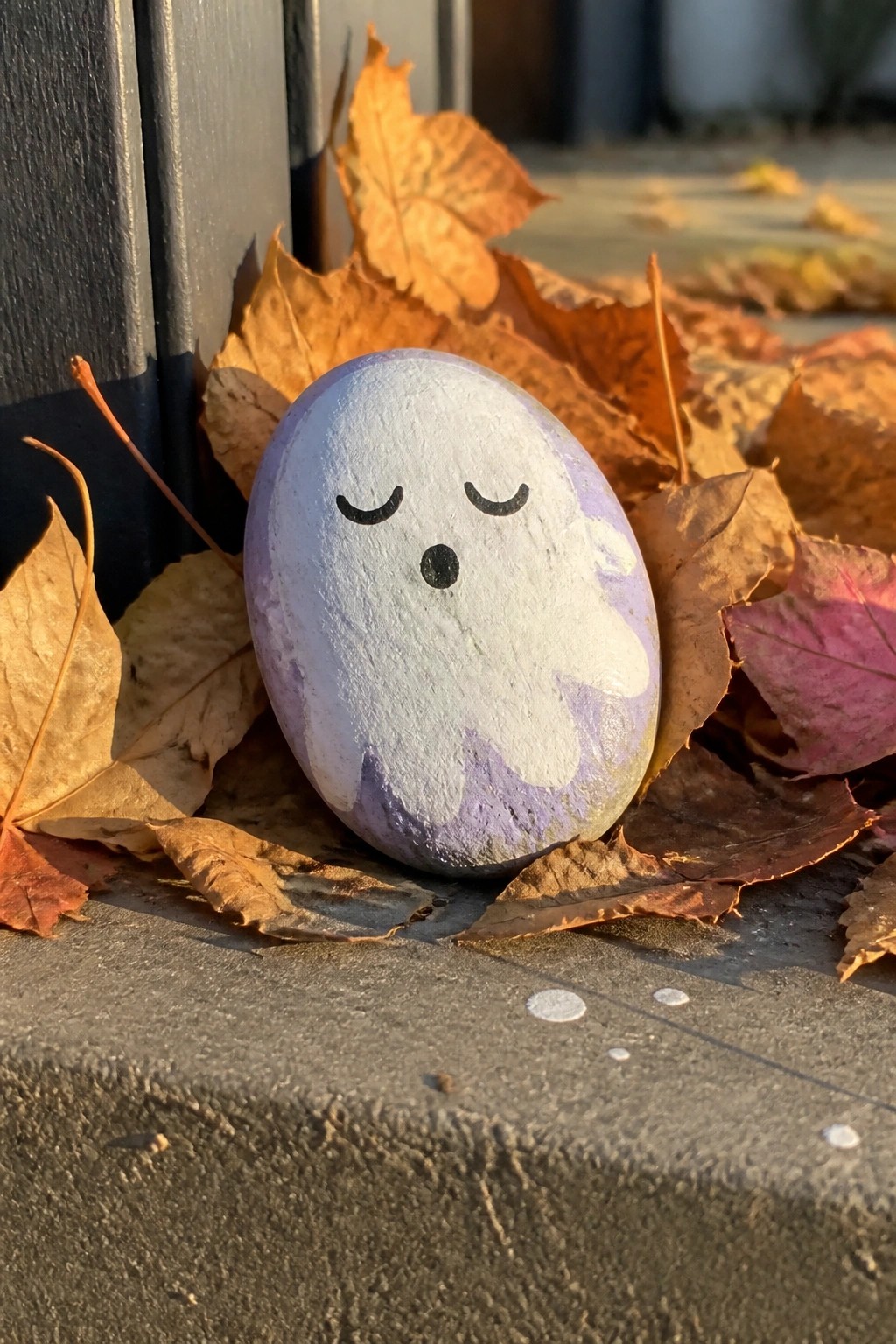 Ghost-painted rock with purple accents amid colorful autumn leaves on concrete.