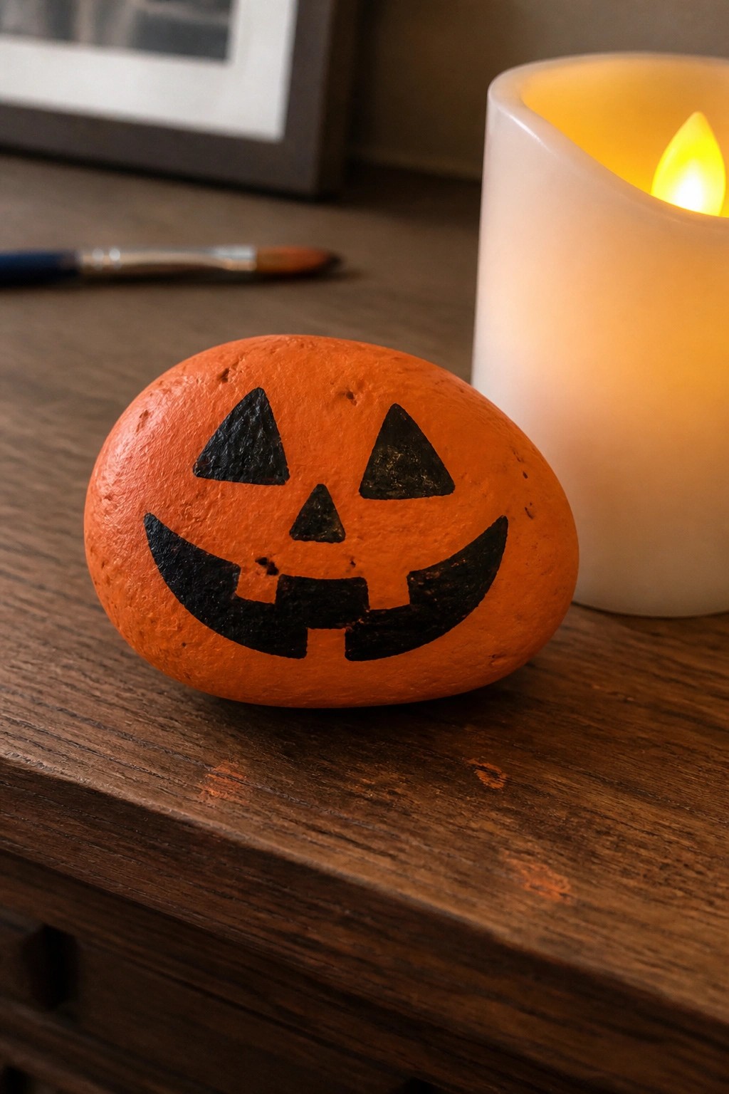 Orange rock painted as jack-o'-lantern beside lit candle on wooden table
