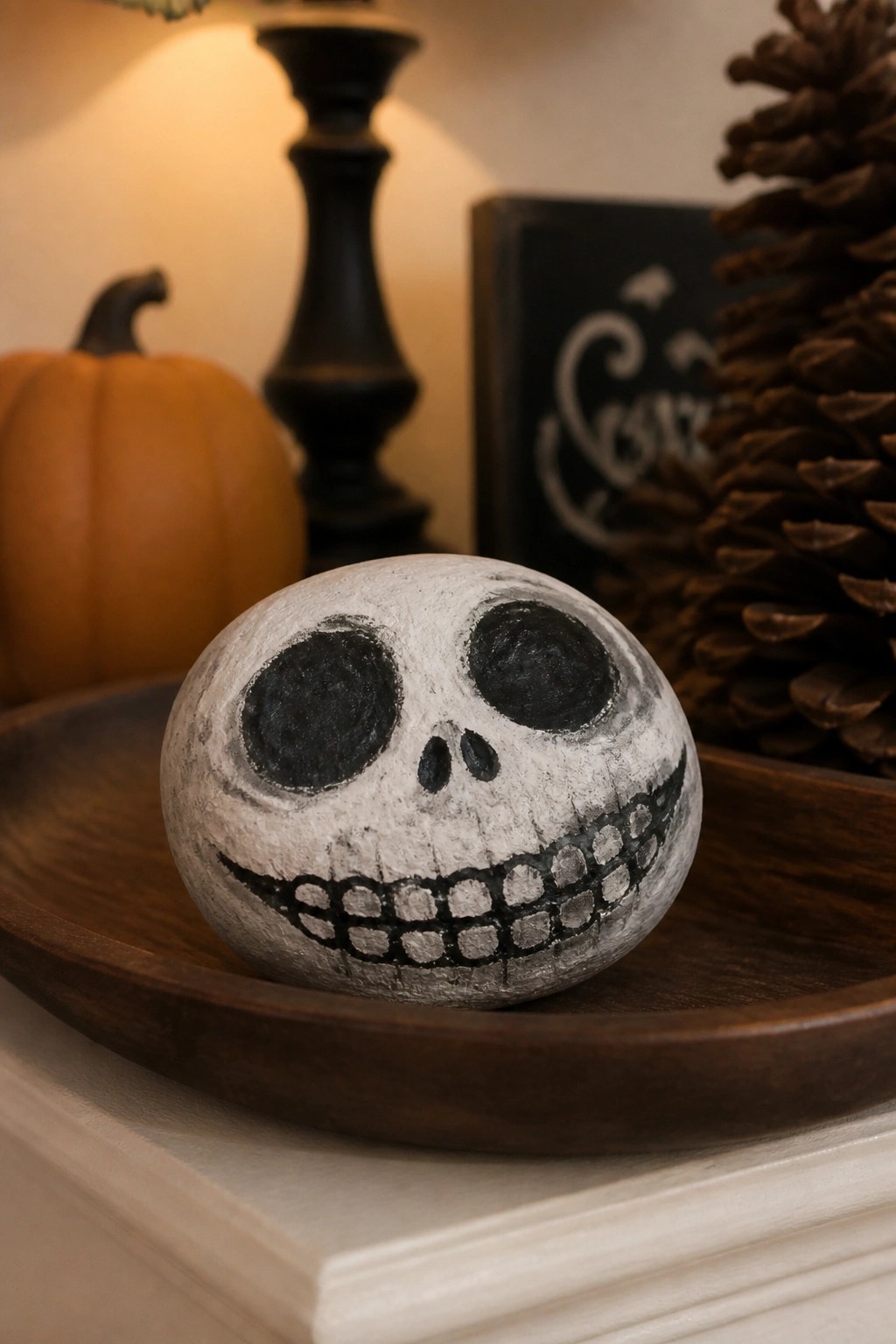 Painted rock with Jack Skellington face on wooden tray amid fall decor