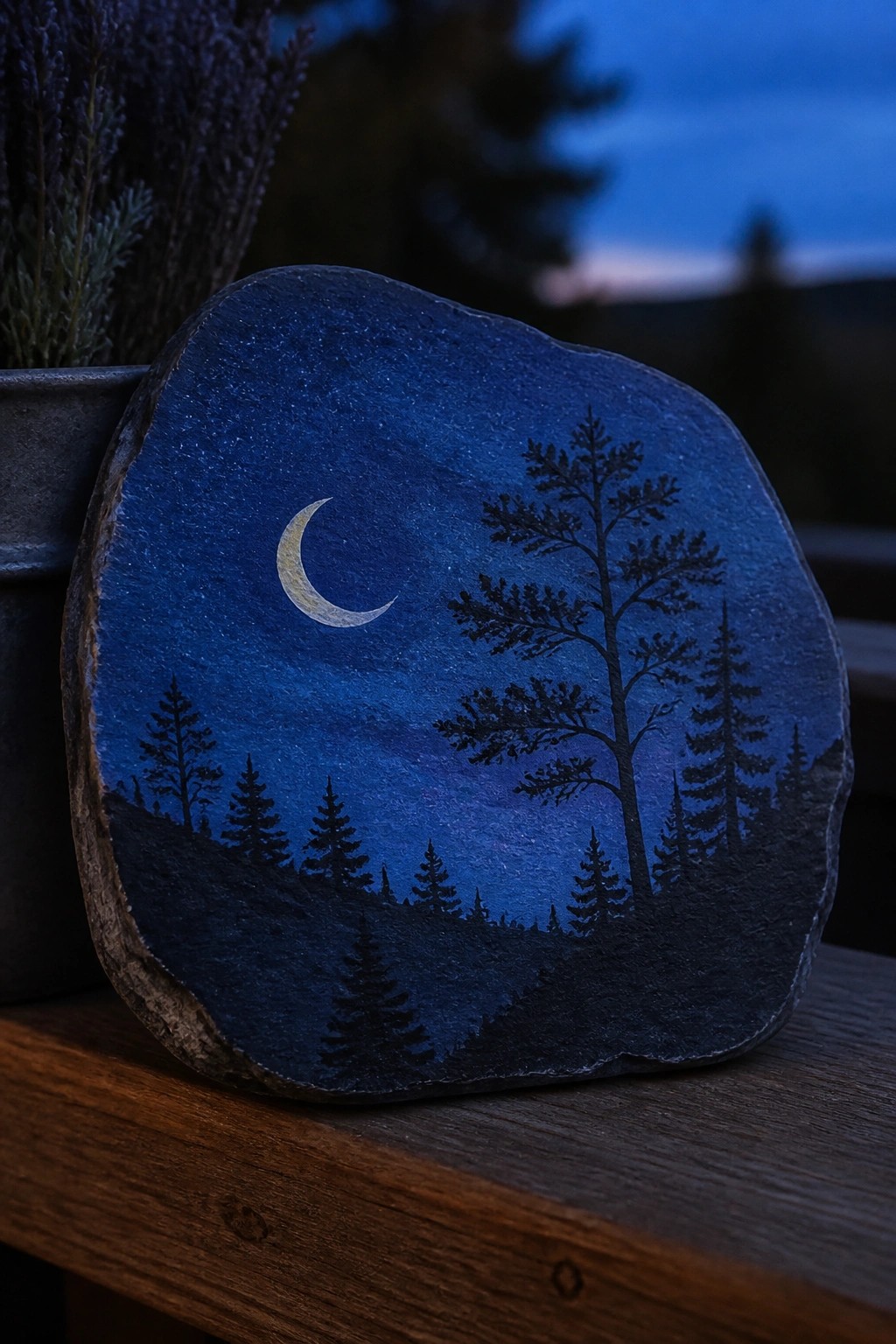 Hand-painted slate with crescent moon and pine tree silhouettes on starry blue sky