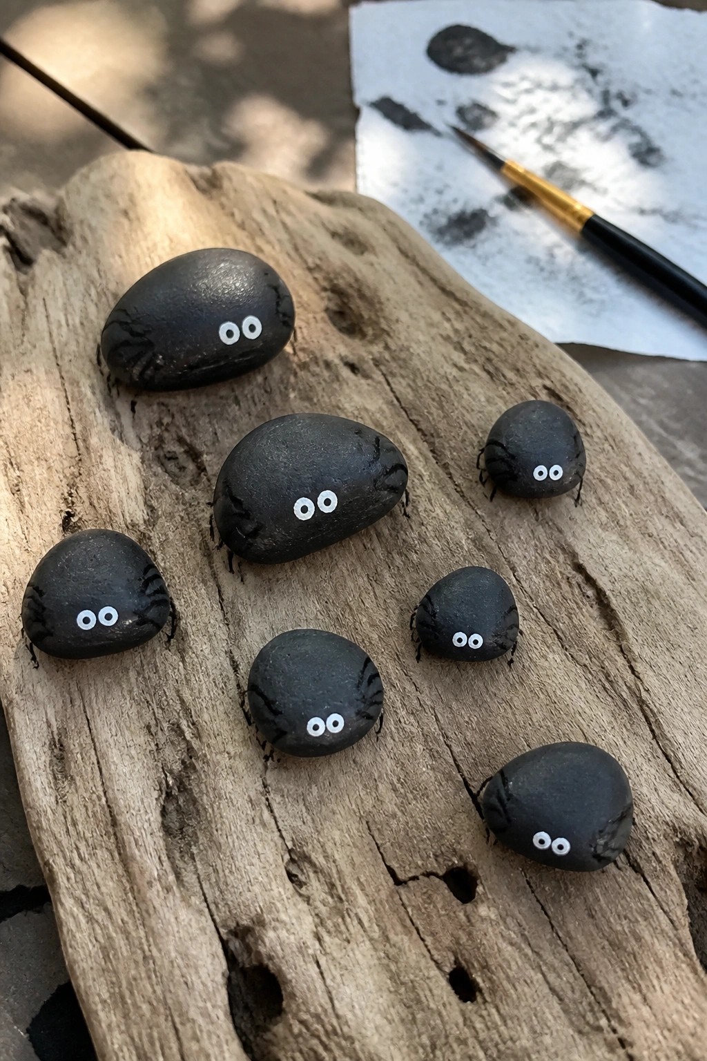 Black spider rocks with white eyes on driftwood near paintbrush and paper.