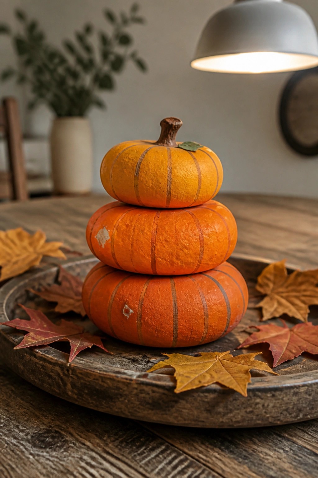Three stacked orange pumpkins on wooden tray with autumn leaves