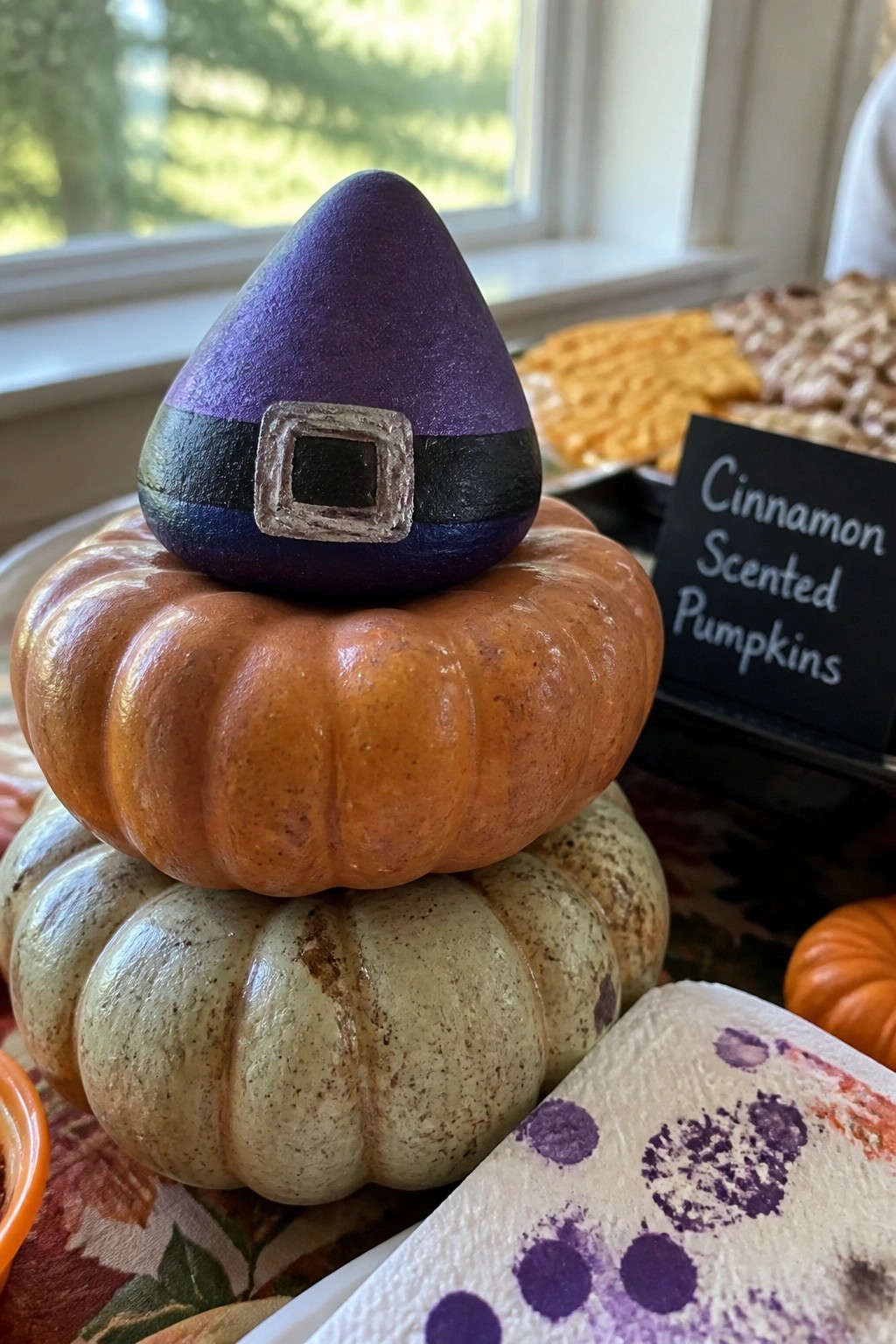 A purple painted rock shaped like a witch's hat with a black band and buckle rests on two stacked painted pumpkin stones.