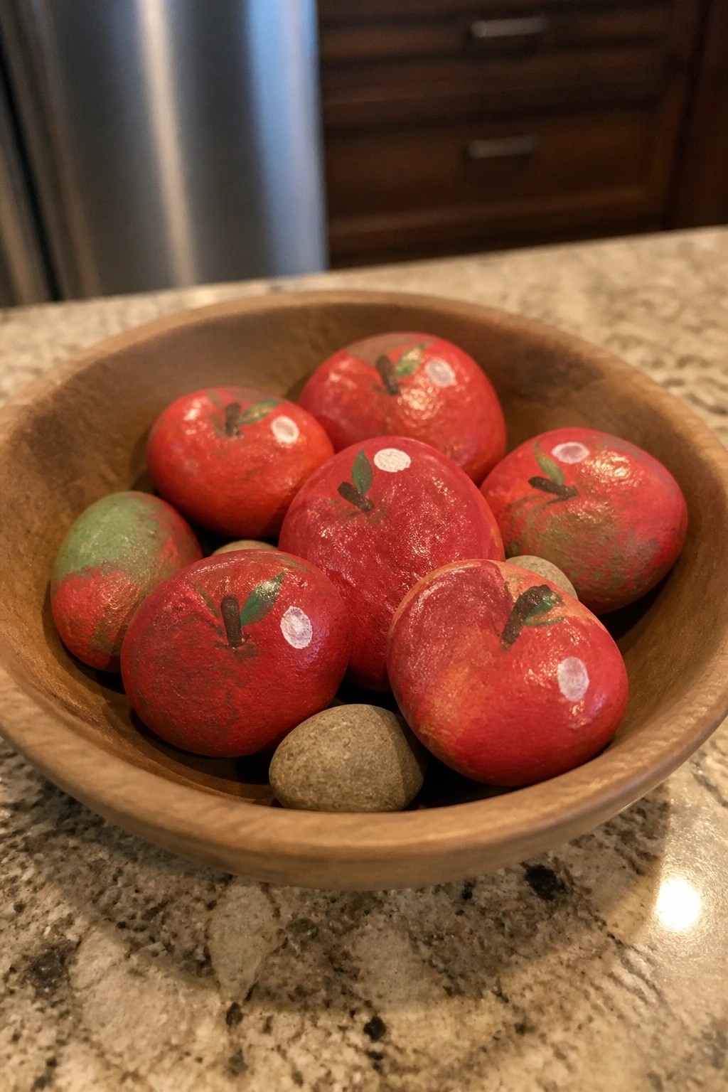 Wooden bowl of painted red apples and gray stones on marble counter