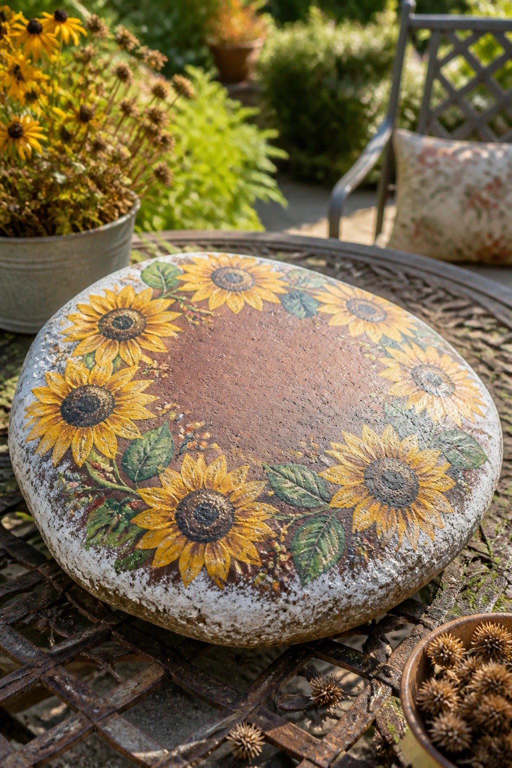 Round stone painted with yellow sunflowers on rusty metal garden table