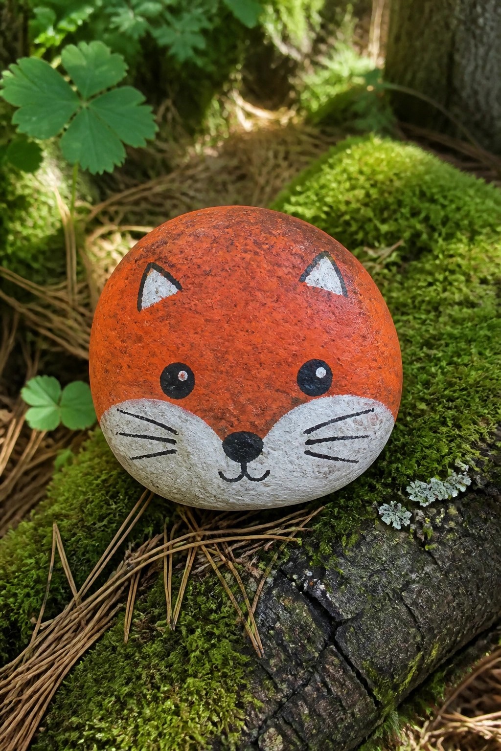 A round orange rock painted as a fox face with white muzzle, black nose and whiskers, and pointed ears rests on moss-covered wood in a forest setting.