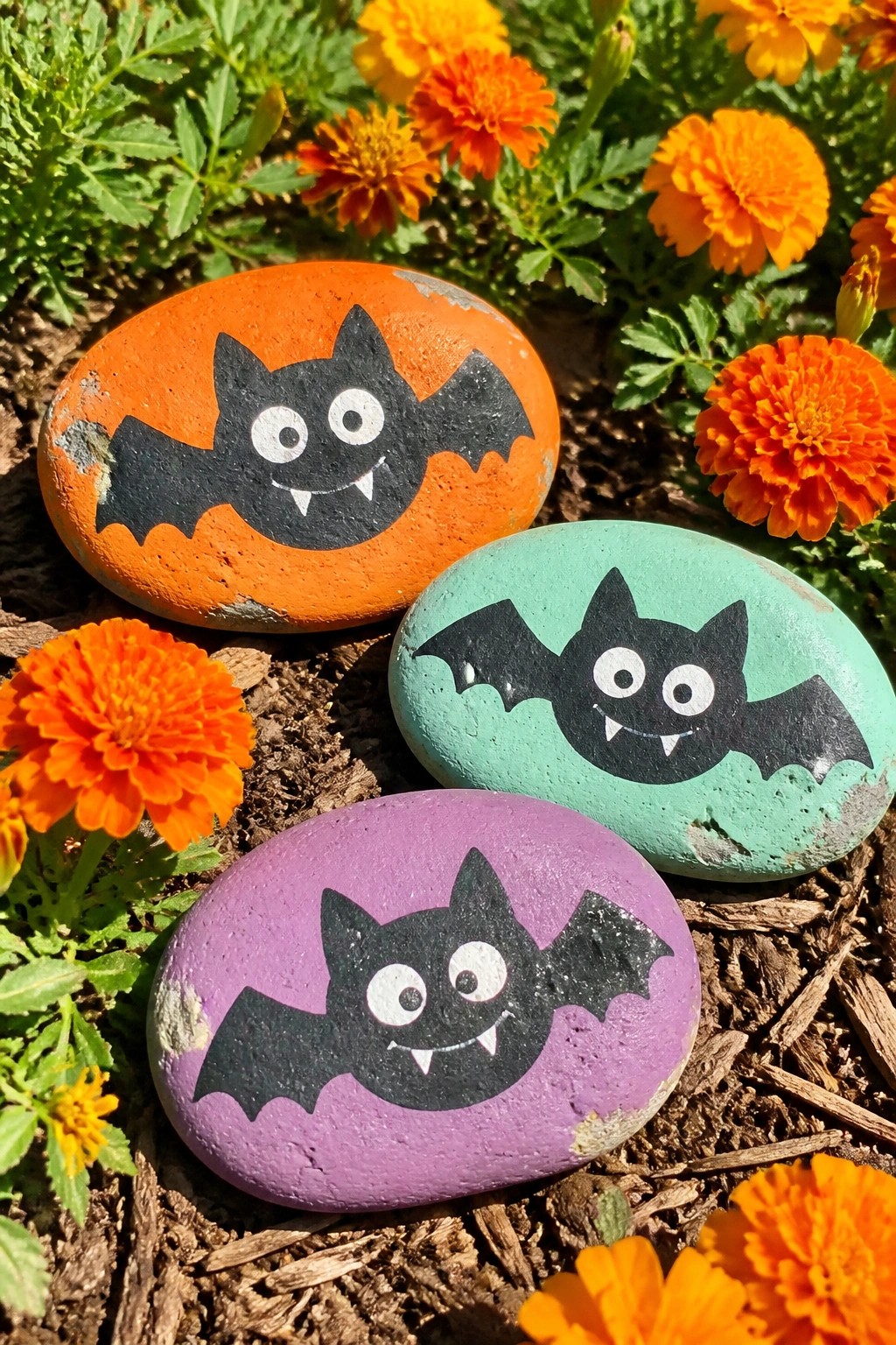 Three painted rocks with black bat faces among orange flowers and mulch.
