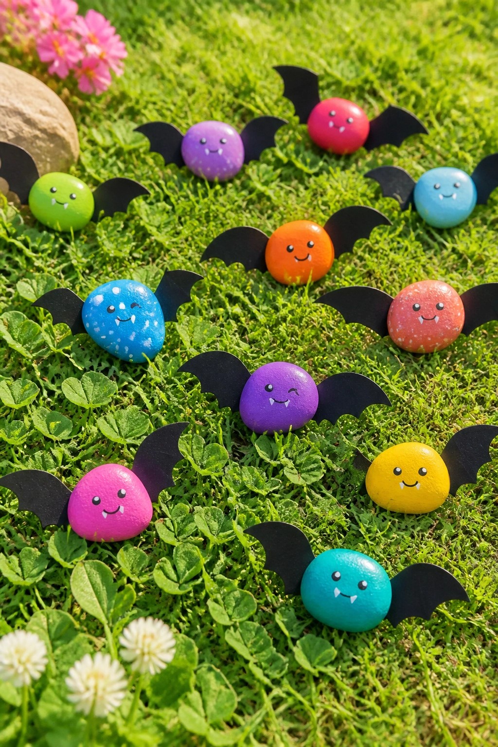 Multiple small rounded stones painted bright colors with cartoon faces and black bat wings attached, arranged on green grass.