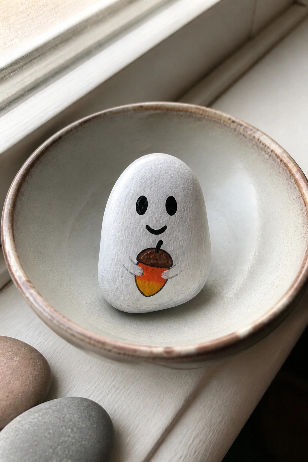 Ghost-faced white rock holding candy corn acorn in ceramic bowl