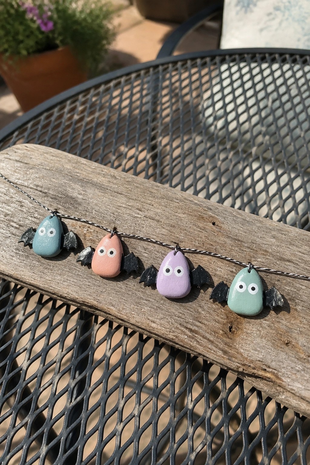 Four pastel bat charms with white eyes strung on cord over weathered wood.