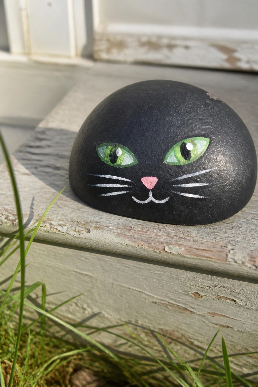 Black rock painted as cat face with green eyes on weathered wood
