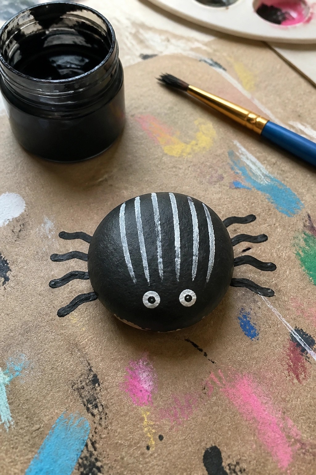 Black painted rock spider with white stripes on splattered paper beside paint jar and brush.