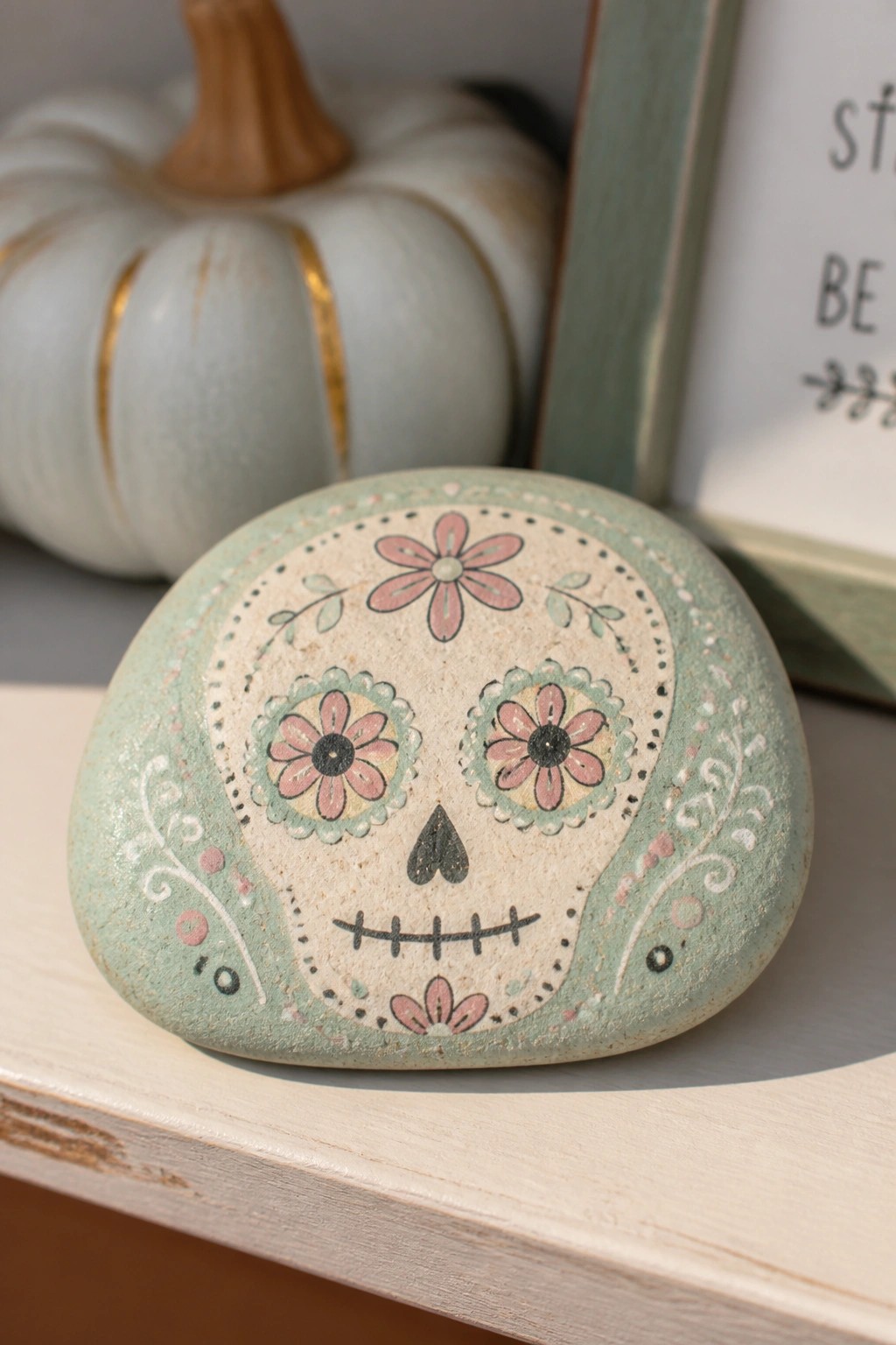 A light green painted rock with a sugar skull design featuring floral eyes and decorative patterns sits on a wooden surface.