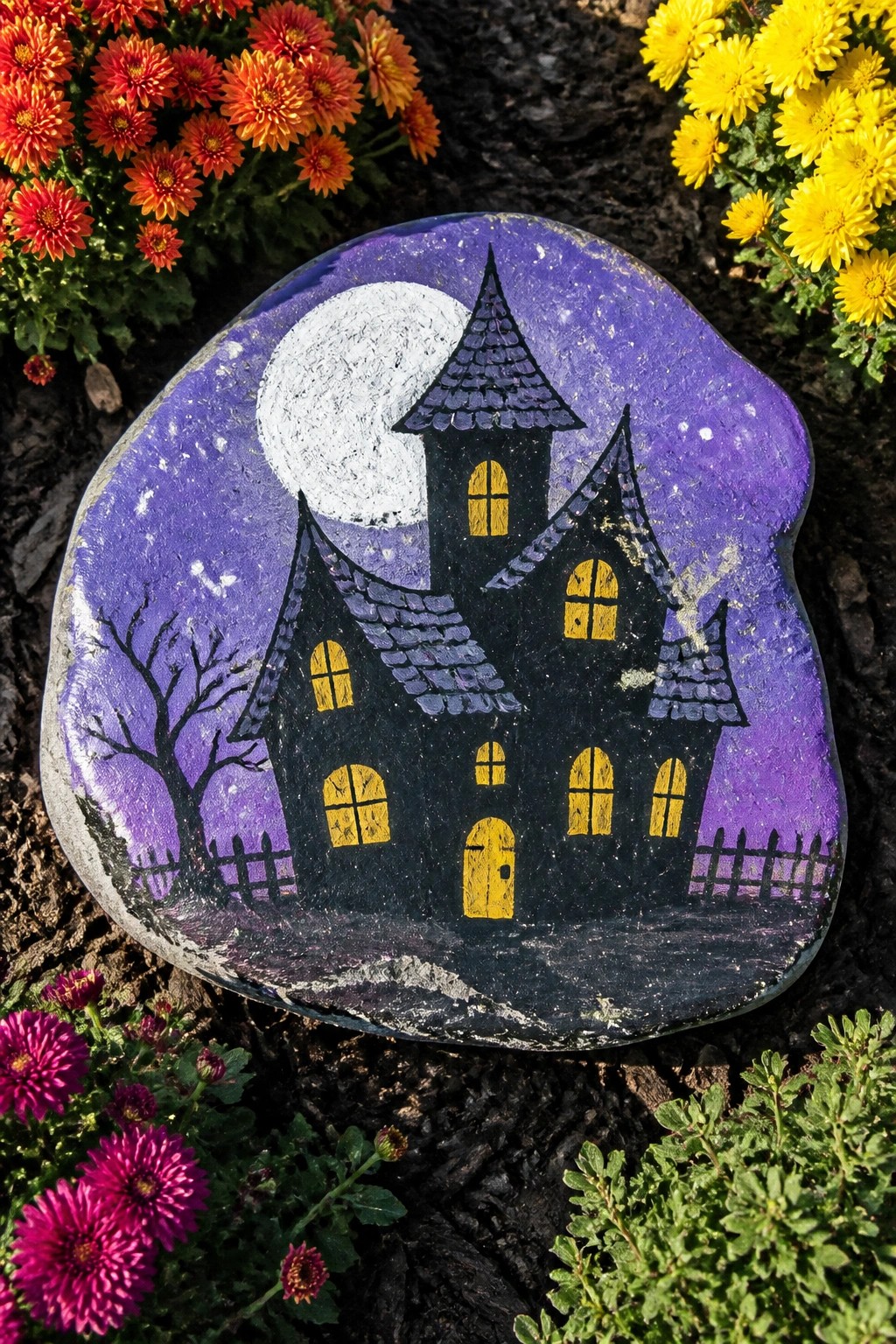 Painted rock of black haunted house with glowing windows under full moon amid colorful flowers