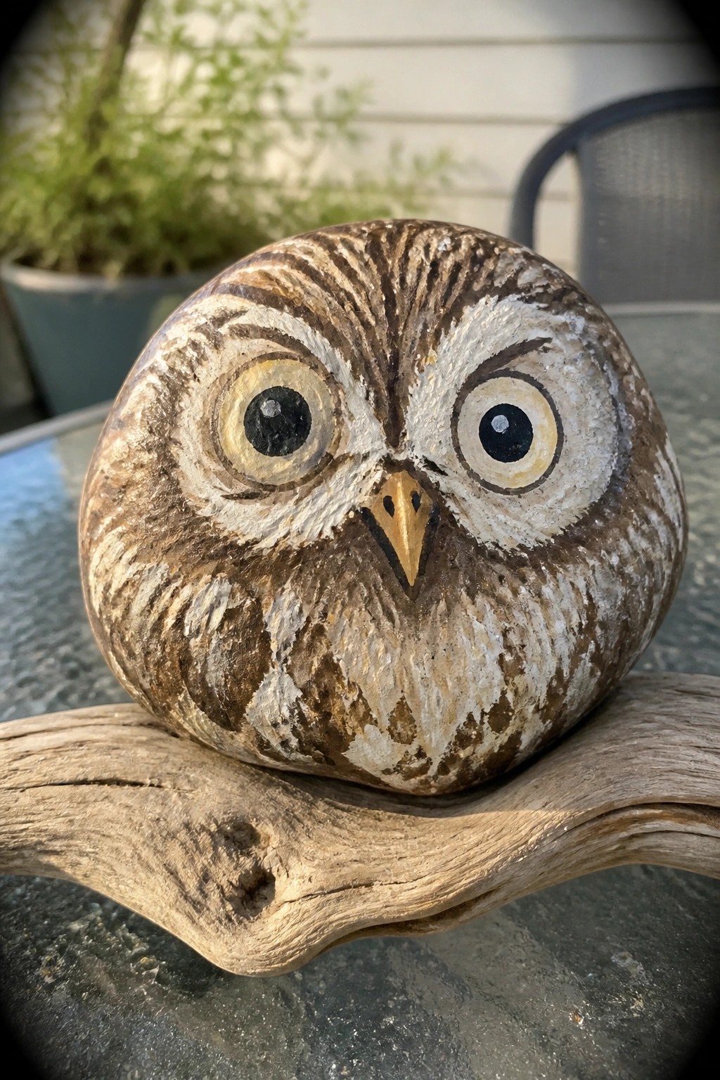 A round stone painted as an owl with large eyes and brown feather details rests on a piece of driftwood.