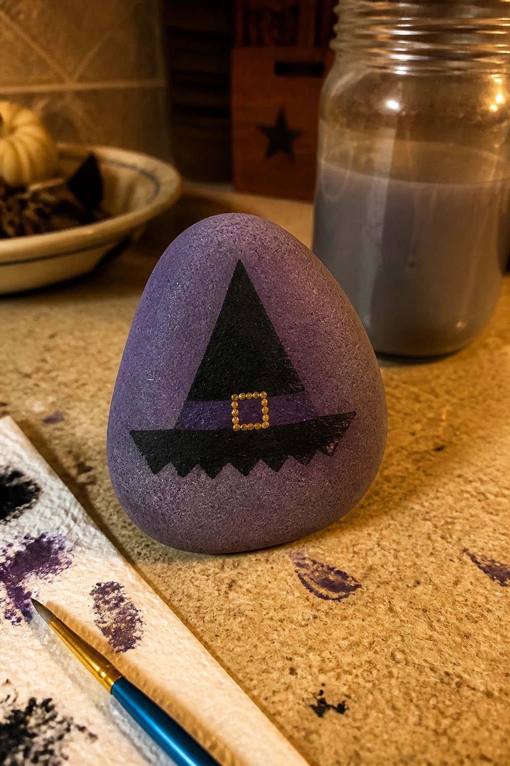 Purple rock painted with black witch hat and gold buckle beside paintbrush