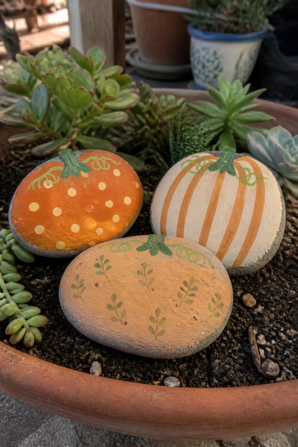 Three painted pumpkin rocks in a soil-filled terracotta pot with succulents.
