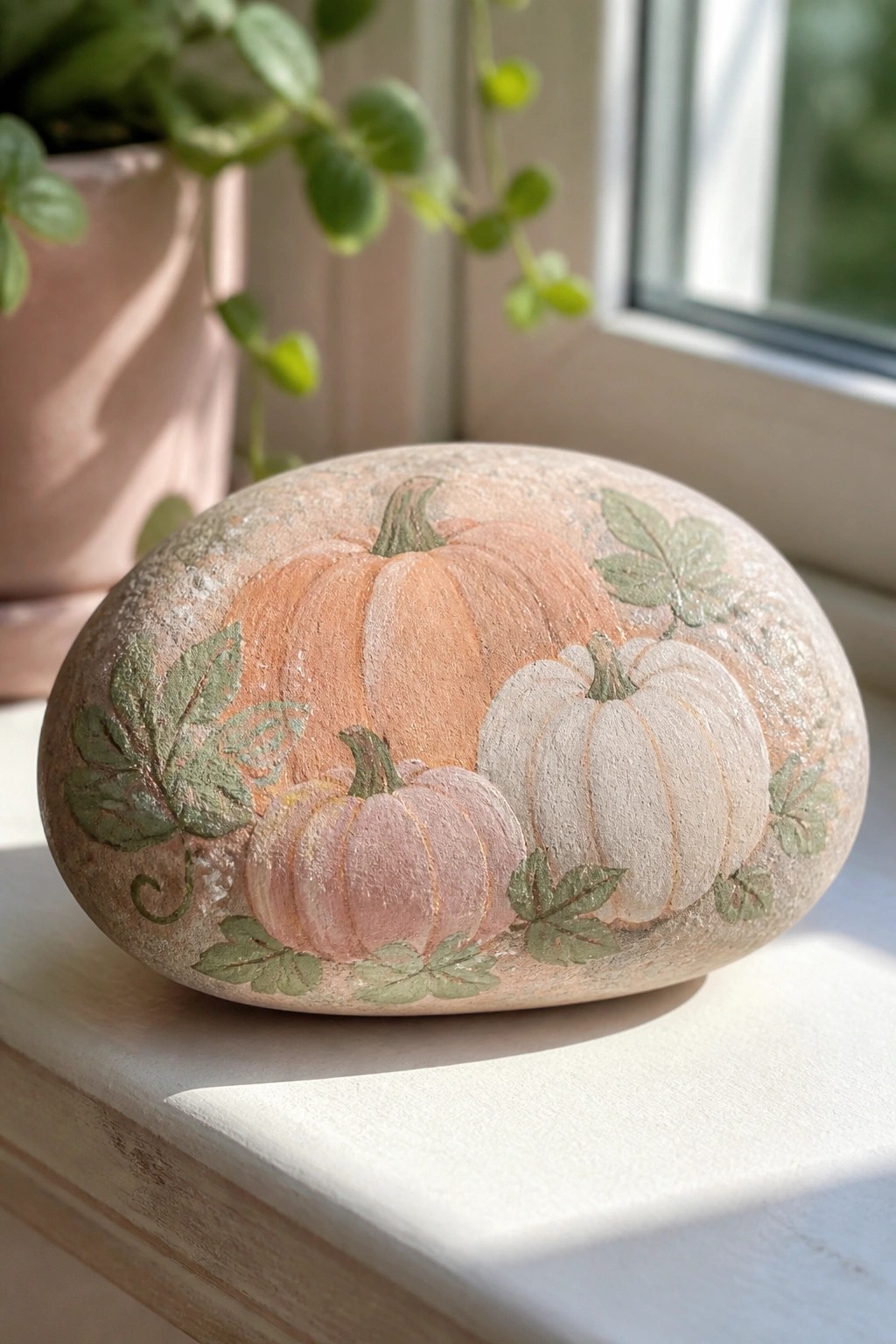 Painted stone with orange, pink, and white pumpkins amid green leaves on windowsill.