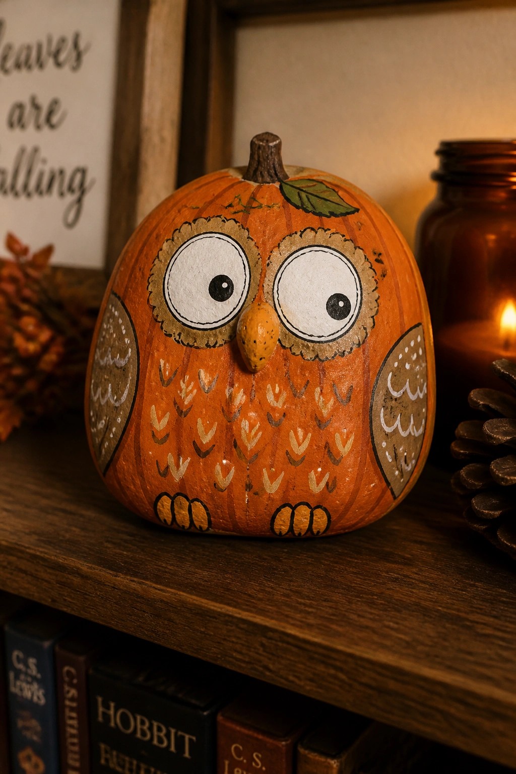 Painted pumpkin owl with large eyes and wings sits on shelf among books and candle