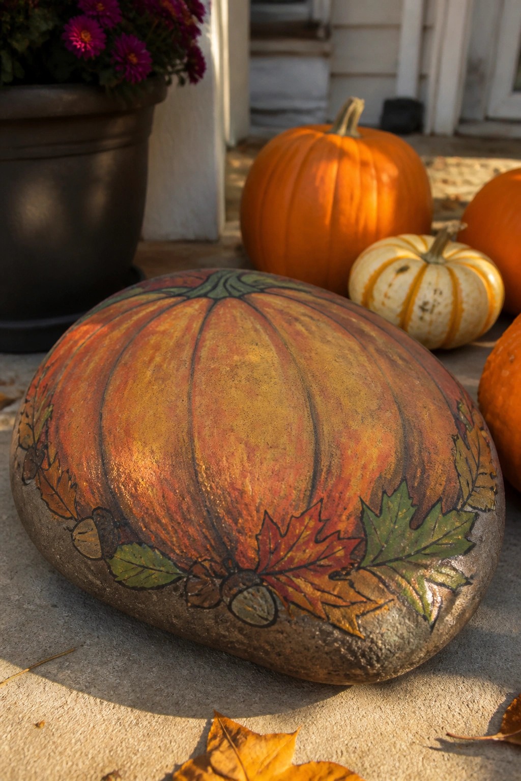 Painted rock resembling orange pumpkin with autumn leaves and acorns beside real pumpkins.