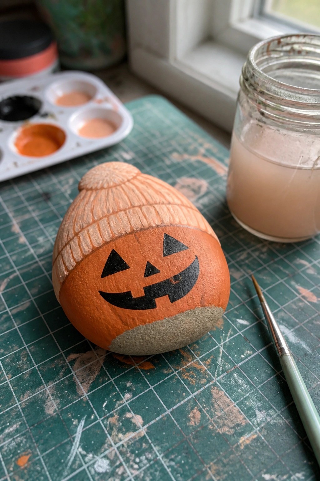 A painted rock shaped like a pumpkin with an orange body, black jack-o-lantern face, and a light-colored knit hat on top sits on a green cutting mat next to paint supplies.