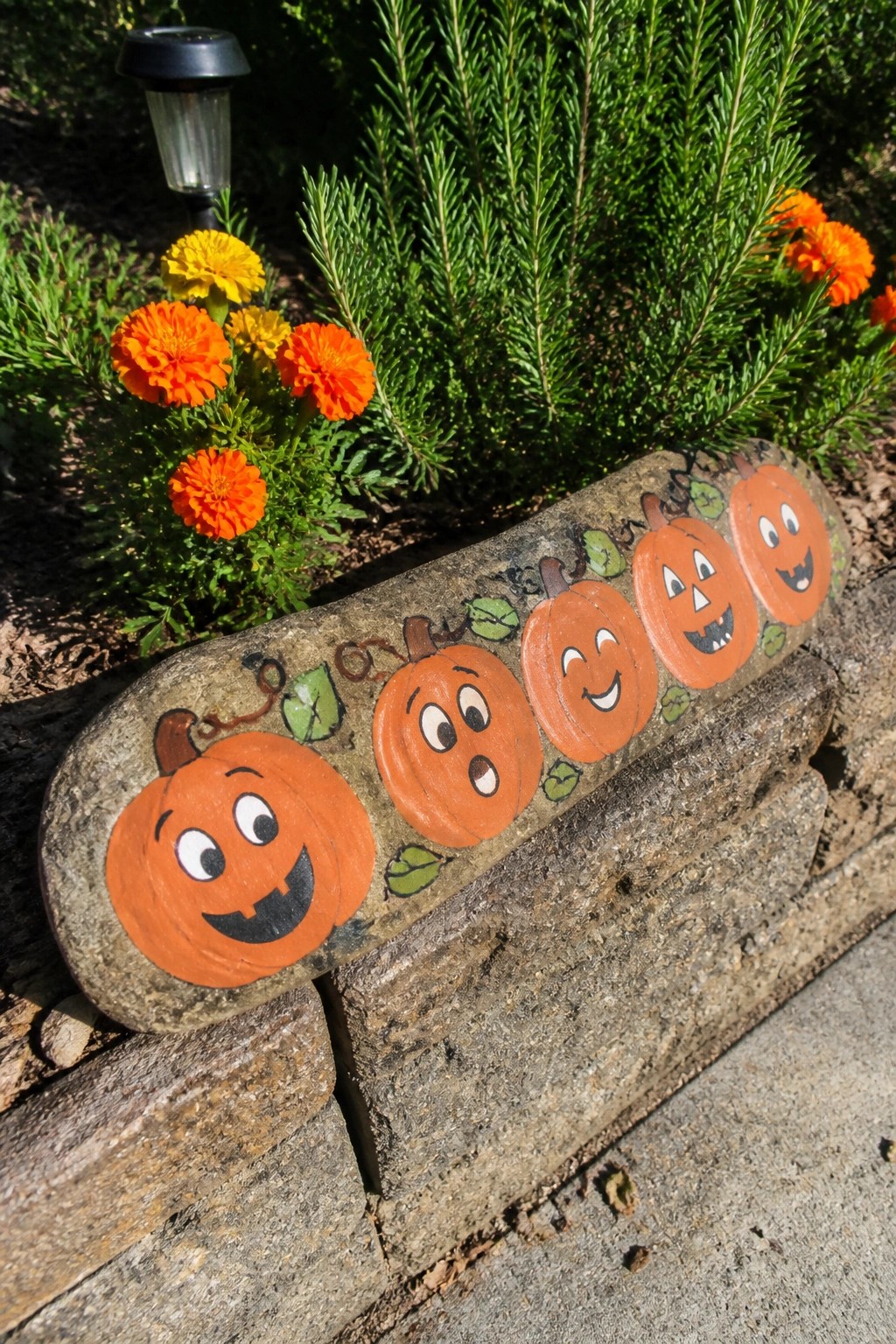 Painted rock with five expressive jack-o'-lantern faces amid orange flowers and greenery