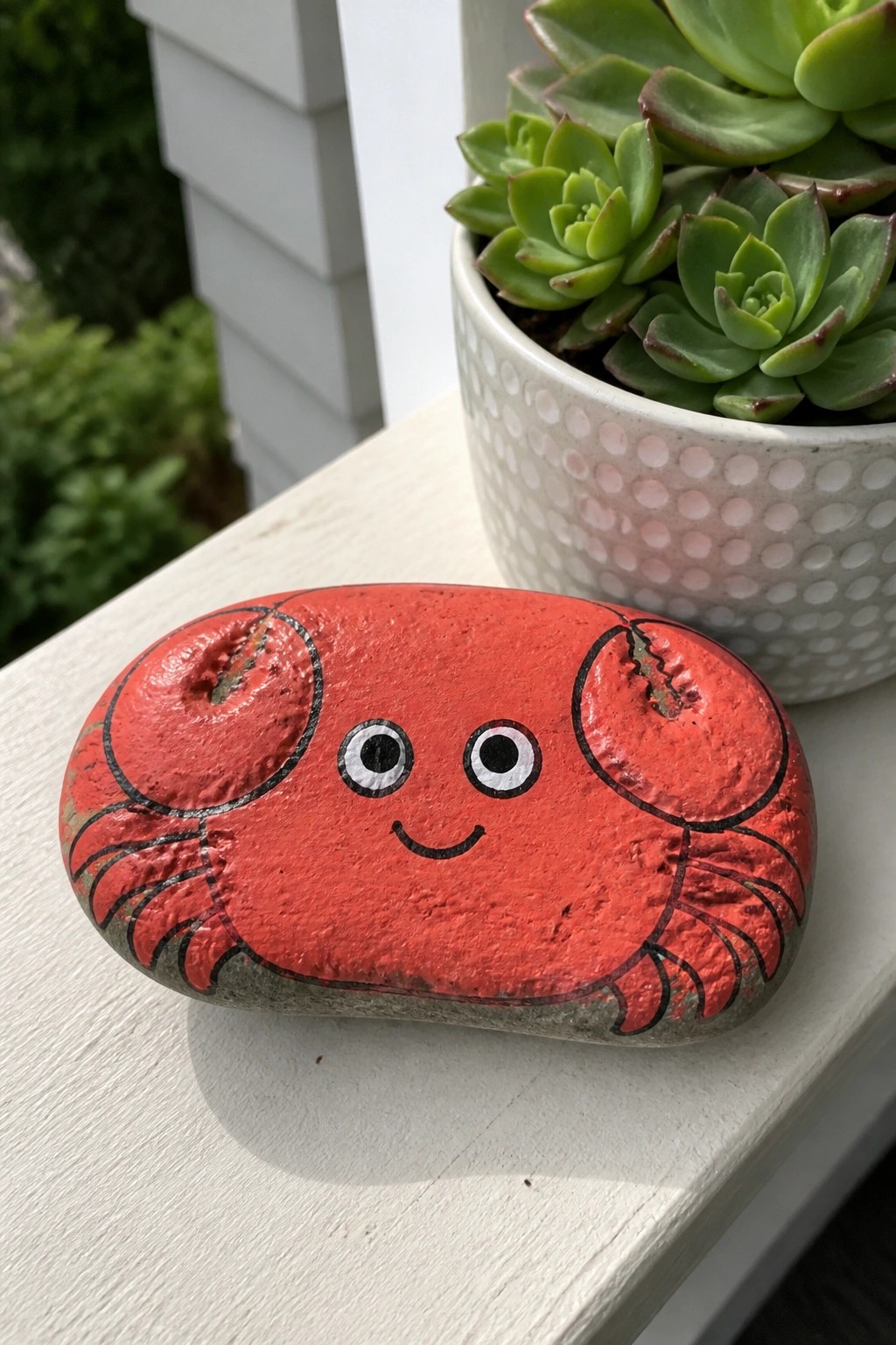 Red crab rock with cartoon face on white surface beside succulent plant