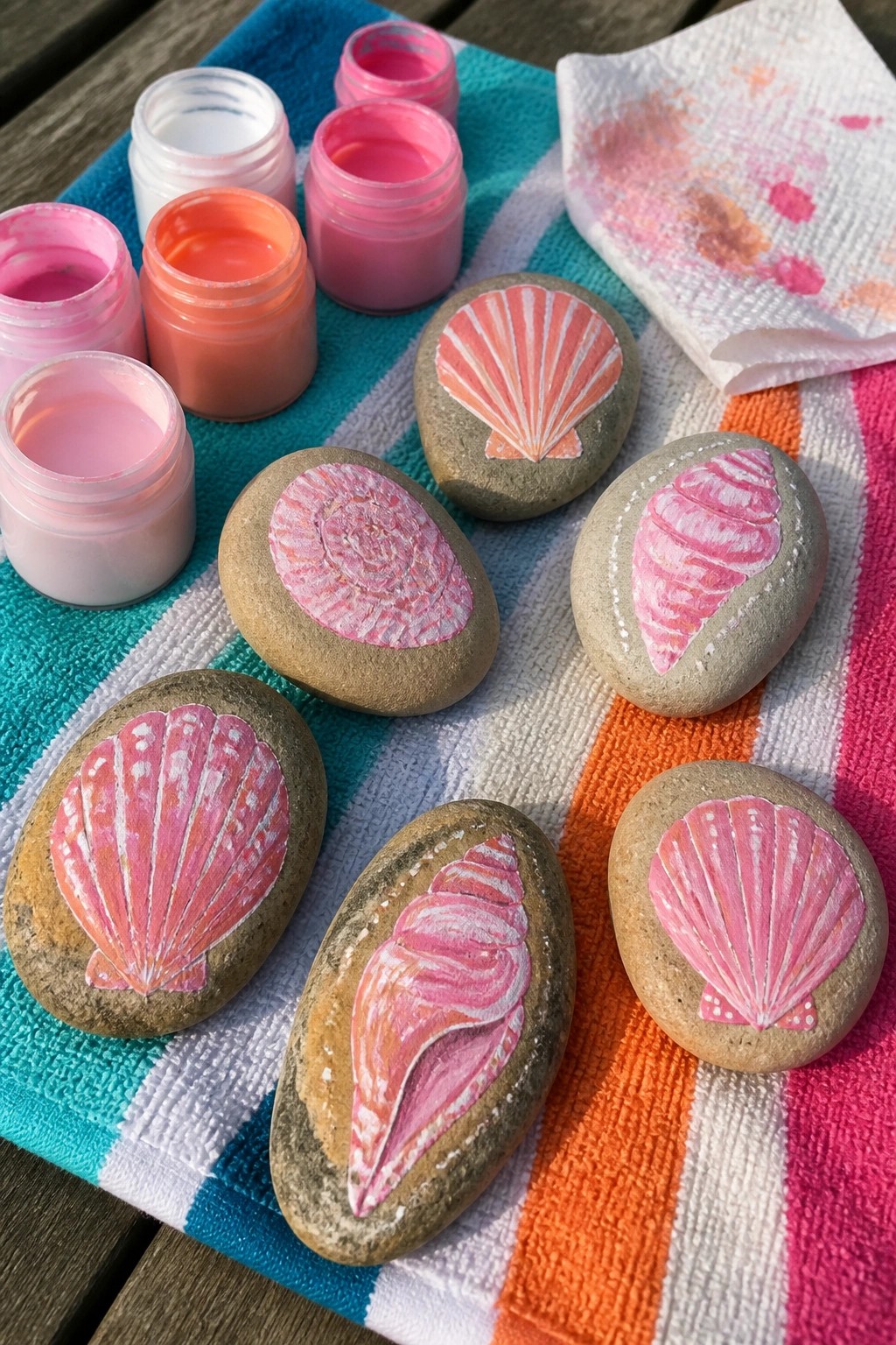 Smooth stones painted with pink seashell designs sit on a striped towel next to open paint jars.