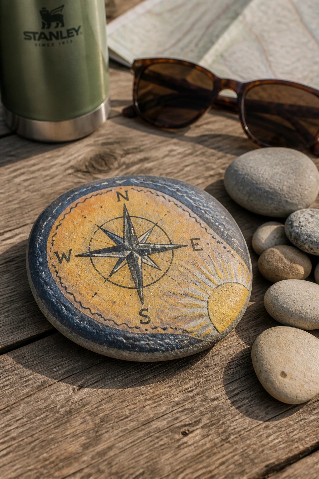 Painted compass stone beside green Stanley bottle, sunglasses, map, and pebbles on wood.
