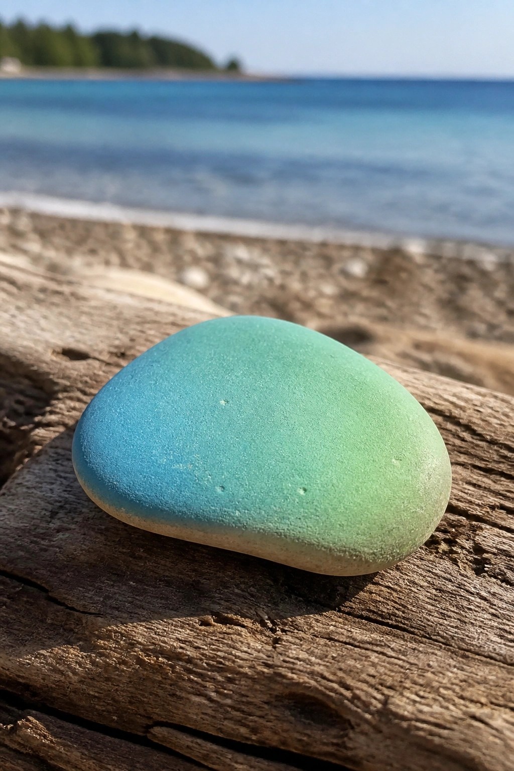 Smooth blue-green sea glass pebble on weathered driftwood by turquoise ocean shore