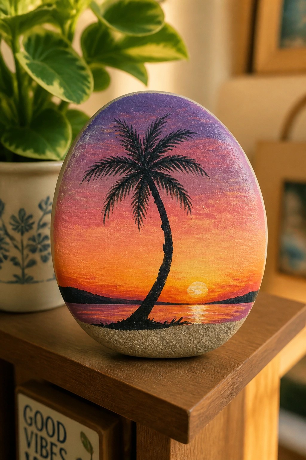 Painted rock with palm tree silhouette against vibrant purple-orange sunset sky.