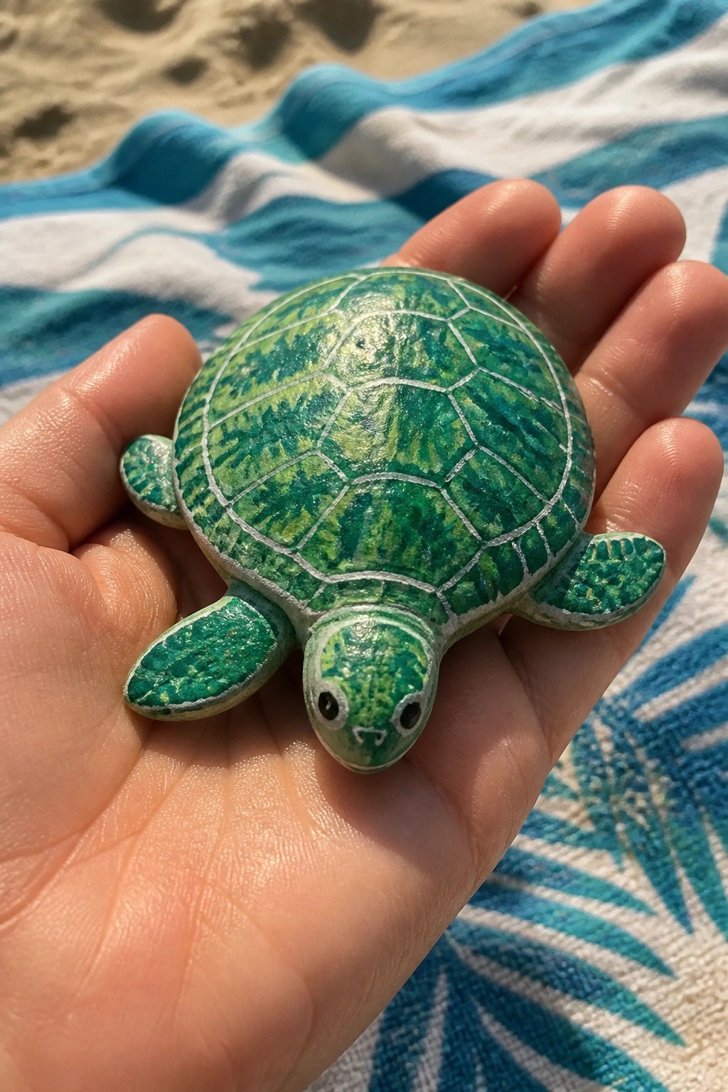 Hand holding small green painted sea turtle on blue striped towel